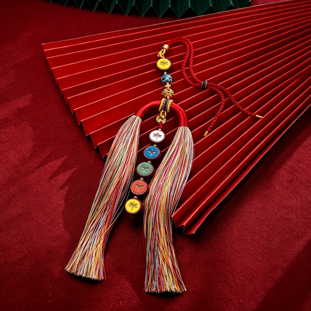 HXJ Handmade Five-Way Wealth God Thangka Car Charm | Vermilion & Hemp Cord Ethnic Pendant