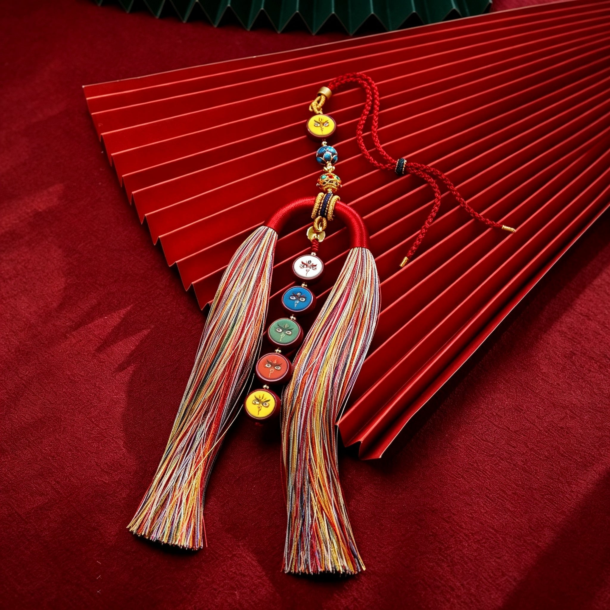 HXJ Handmade Five-Way Wealth God Thangka Car Charm | Vermilion & Hemp Cord Ethnic Pendant