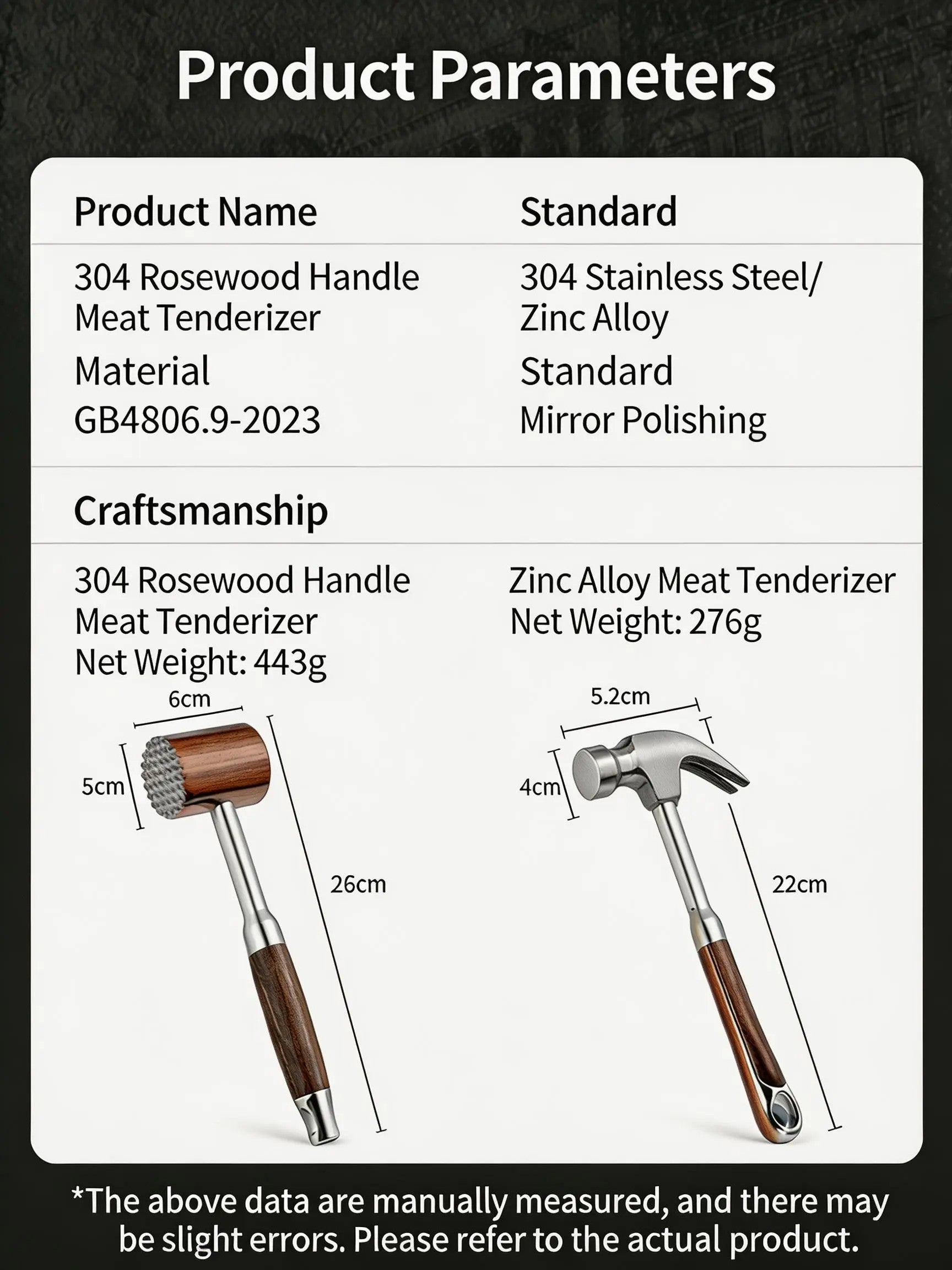 HGD 304 Stainless Steel Meat Tenderizer Hammer | Dual-Sided Meat Mallet with Rosewood Handle | Kitchen Tool for Tenderizing Steak, Pork & Chicken