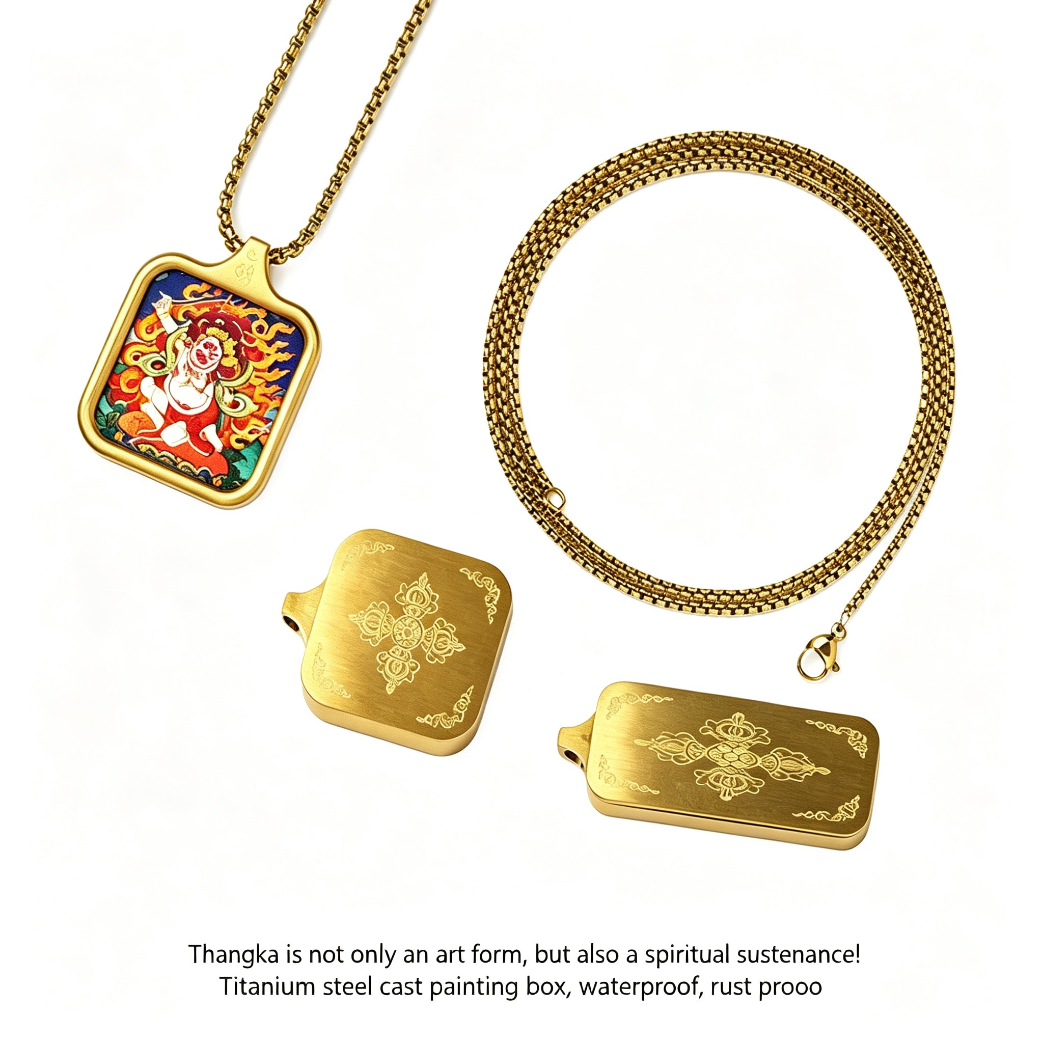 RYS Hand-Painted Thangka Buddha Pendant Necklace | 18K Gold Plated Alloy | Tibetan Patron Saint Amulet for Zodiac Signs | Spiritual Protection Jewelry