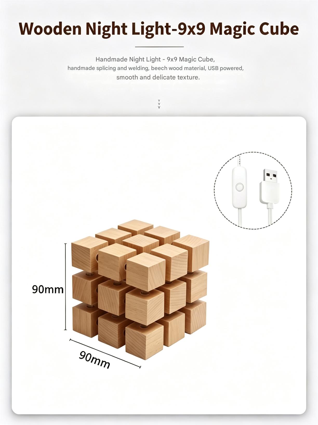 YCL Creative Zauberwürfel-Nachtlicht aus Buchenholz | USB-betriebene warme LED-Nachttisch-Ambienteleuchte, 4-Gitter & 9-Gitter 2 Stile