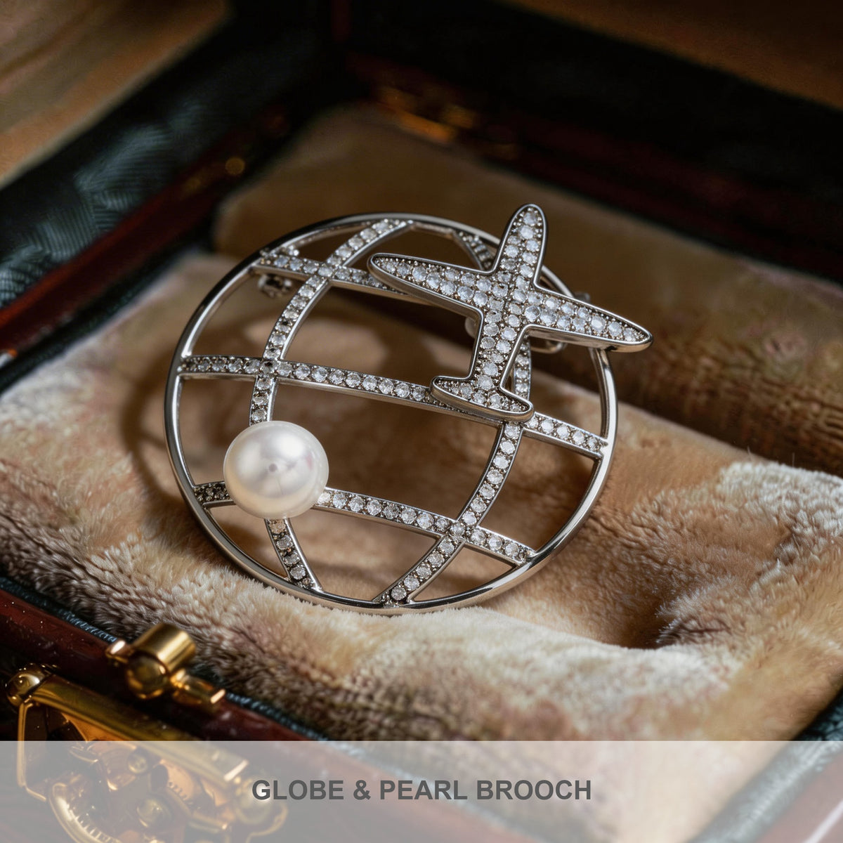 QZY Rotating Pearl Airplane Brooch Zircon Circle Pin Elegant Coat Accessory