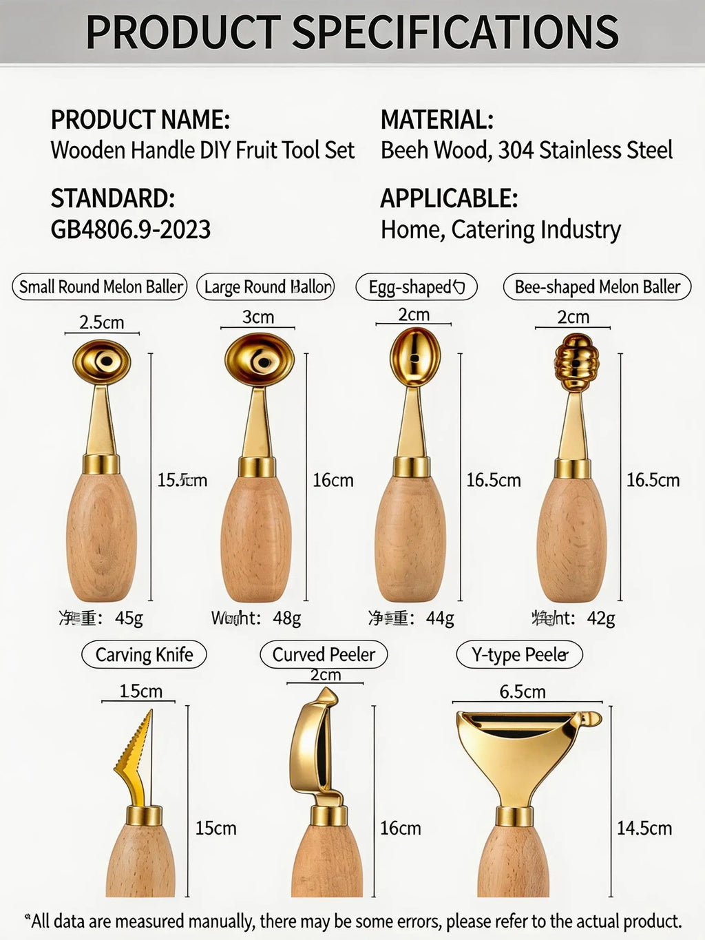 HGD 304 Stainless Steel Fruit Tool with Beech Wood Handle | Melon Baller, Carving Knife & Peeler