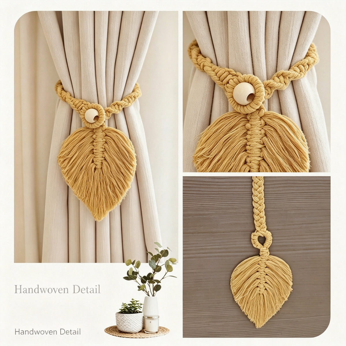 JXG Handwoven Macrame Leaf Curtain Tiebacks 2 Pack Cotton Rope Drapery Holdbacks