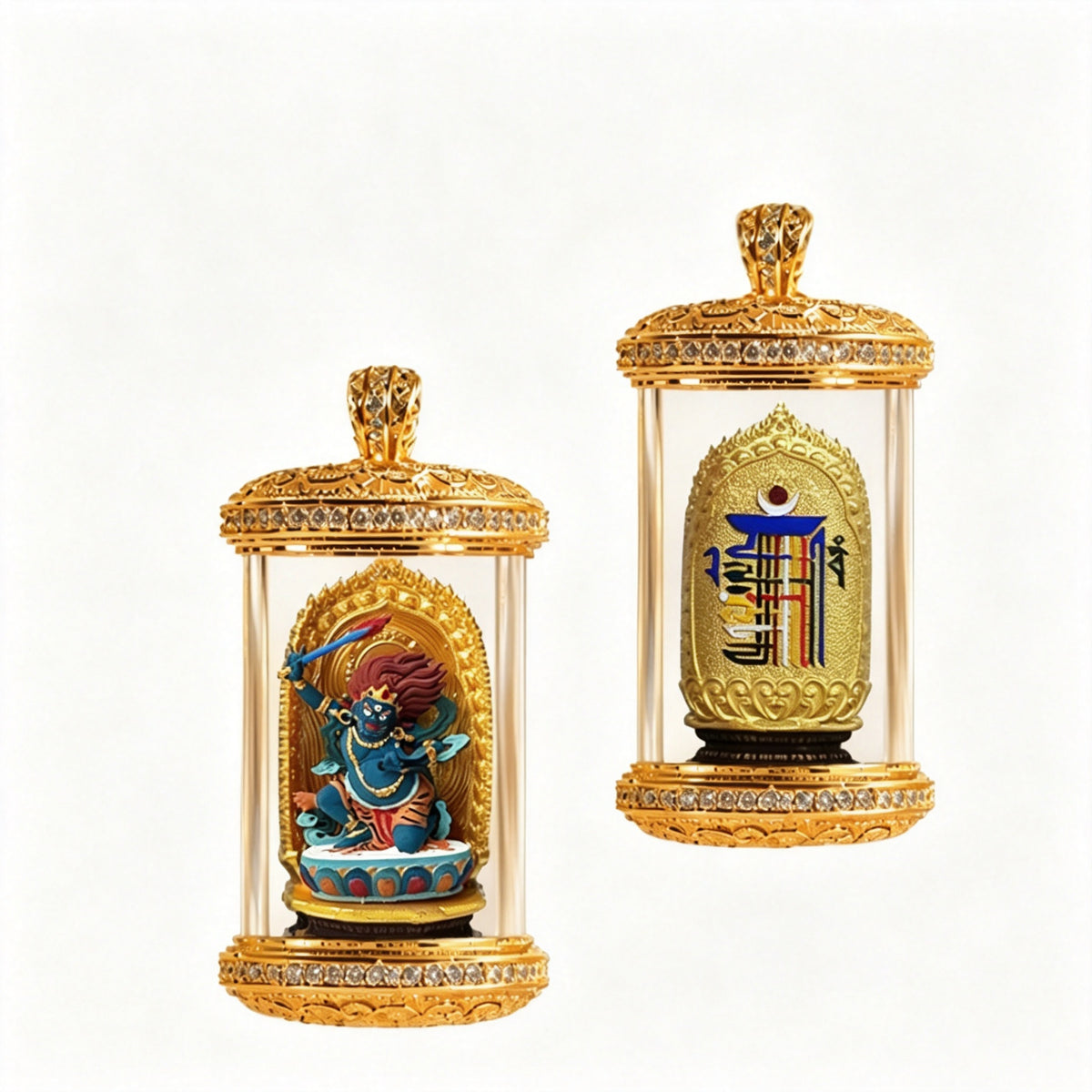PTR Brass Hand‑painted 3D Statue Pendant Cylindrical Hollow Locket Necklace