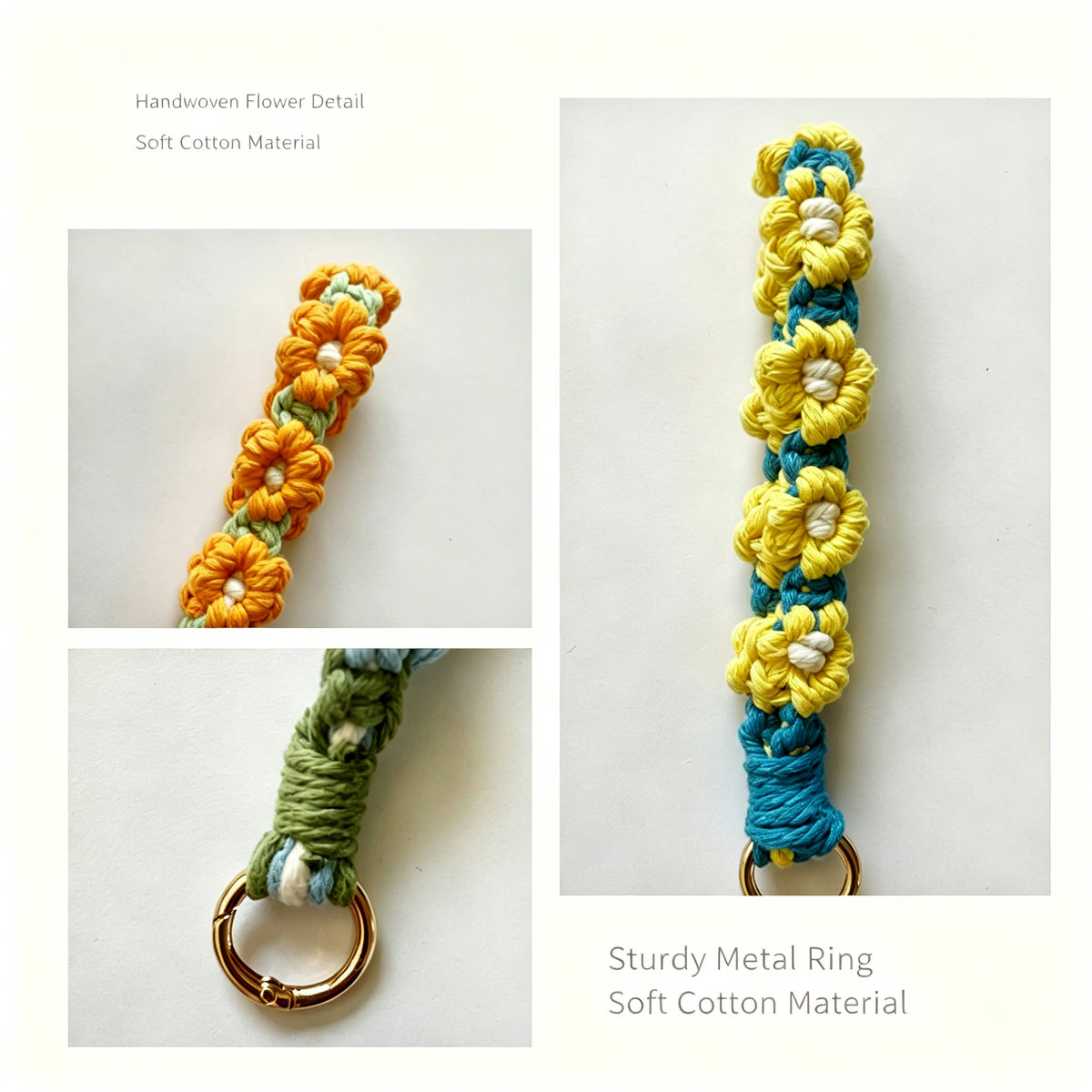 JXG Handwoven Daisy Macrame Keychain Wristlet Boho Cotton Flower Key Ring Bag Charm