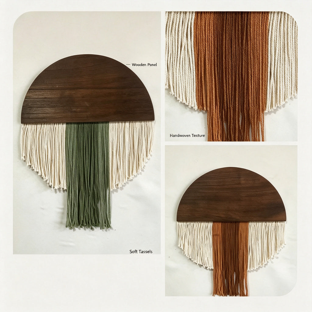 JXG Handwoven Macrame Semi Circle Wood Wall Hanging Boho Cotton Tassel Tapestry