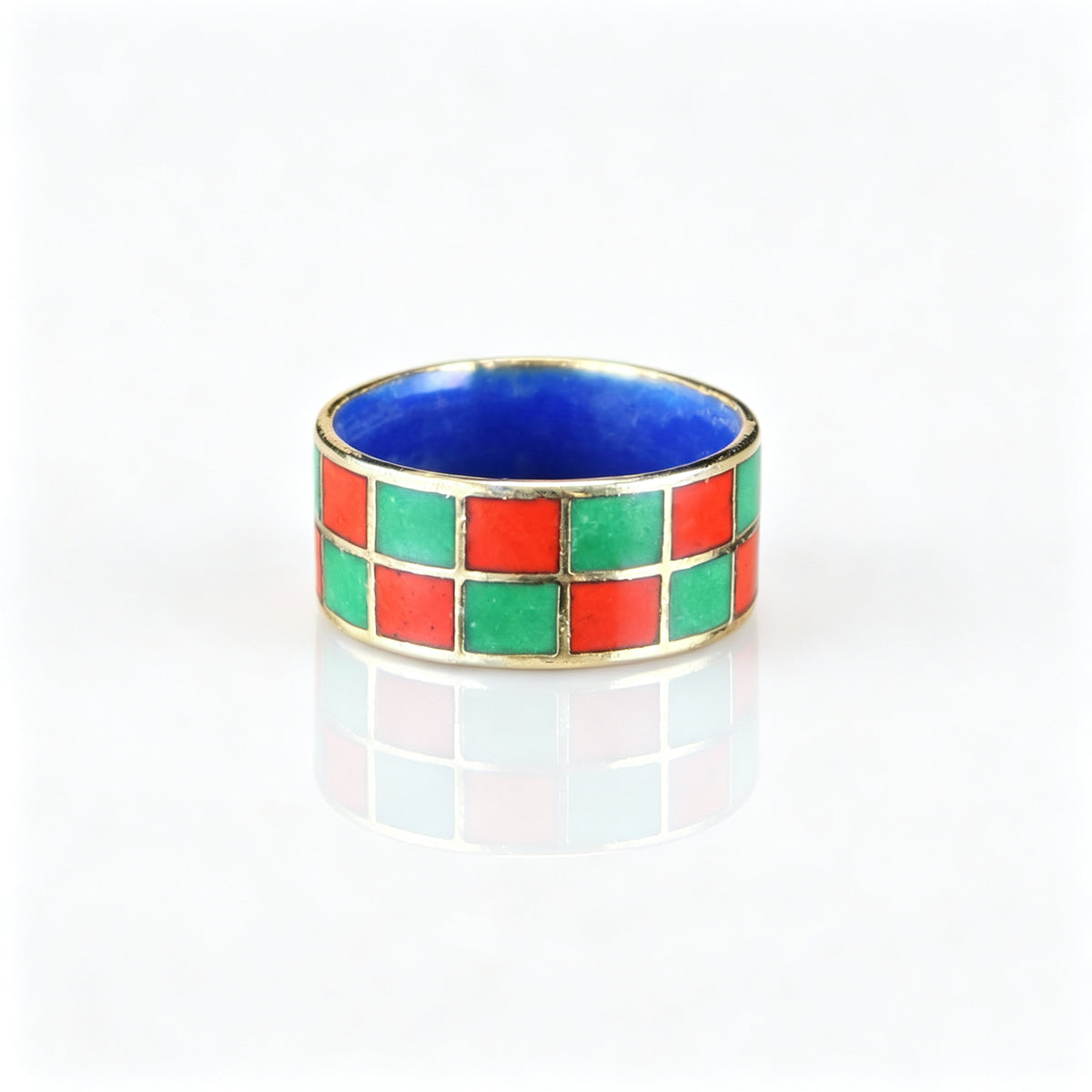 JCJ Vintage Cloisonné Enamel Checkered Ring 1980s era Chinese Collectible Jewelry