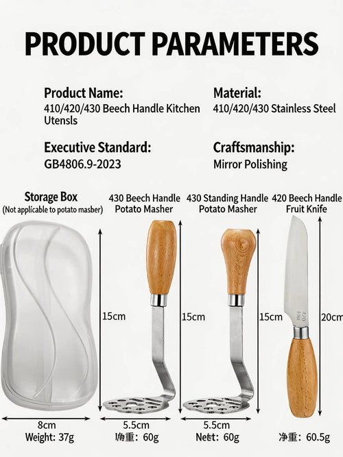 HGD 304 Stainless Steel Kitchen Tool with Beech Wood Handle | Mini Potato Masher & Fruit Fork Butter Knife Set