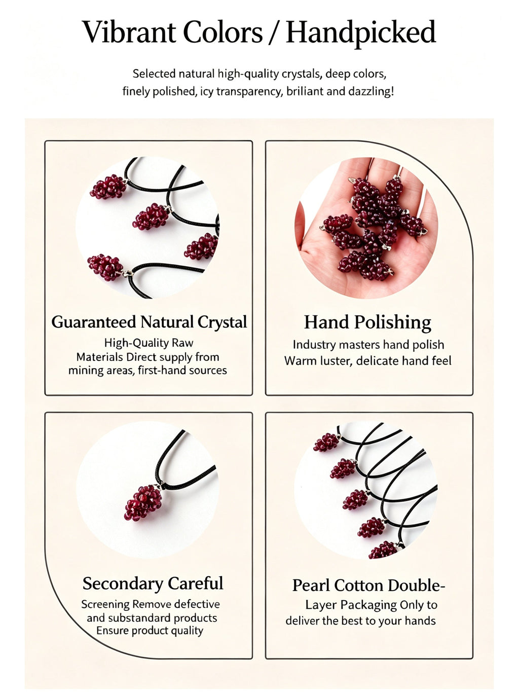 RYS Handmade Garnet Grape Pendant Necklace | Natural Red Garnet Beaded Charm with Black Leather Cord