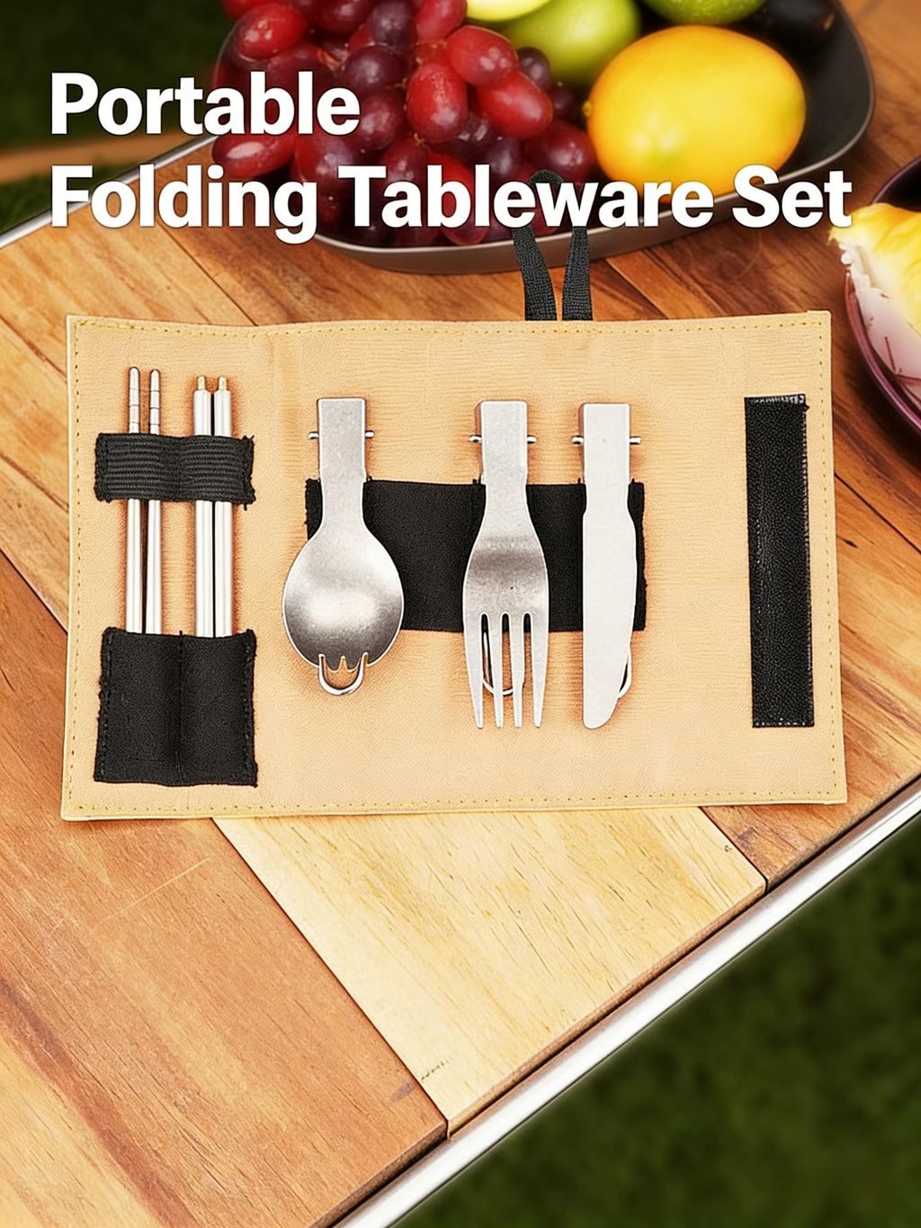 SNR Reines Titan Faltbares Besteckset, Leichtgewicht Gabel Löffel Essstäbchen 4-teiliges Set für Outdoor Camping