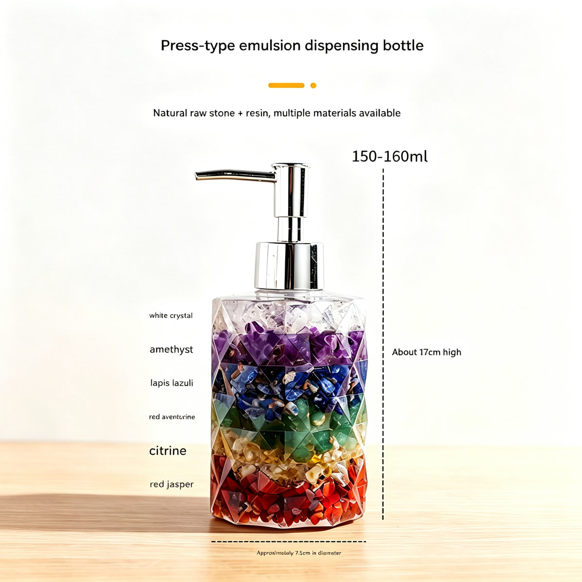 RYS Natural Crystal Chips Resin Soap Dispenser, Press‑Type Refillable Lotion Bottle for Bathroom Vanity Decor