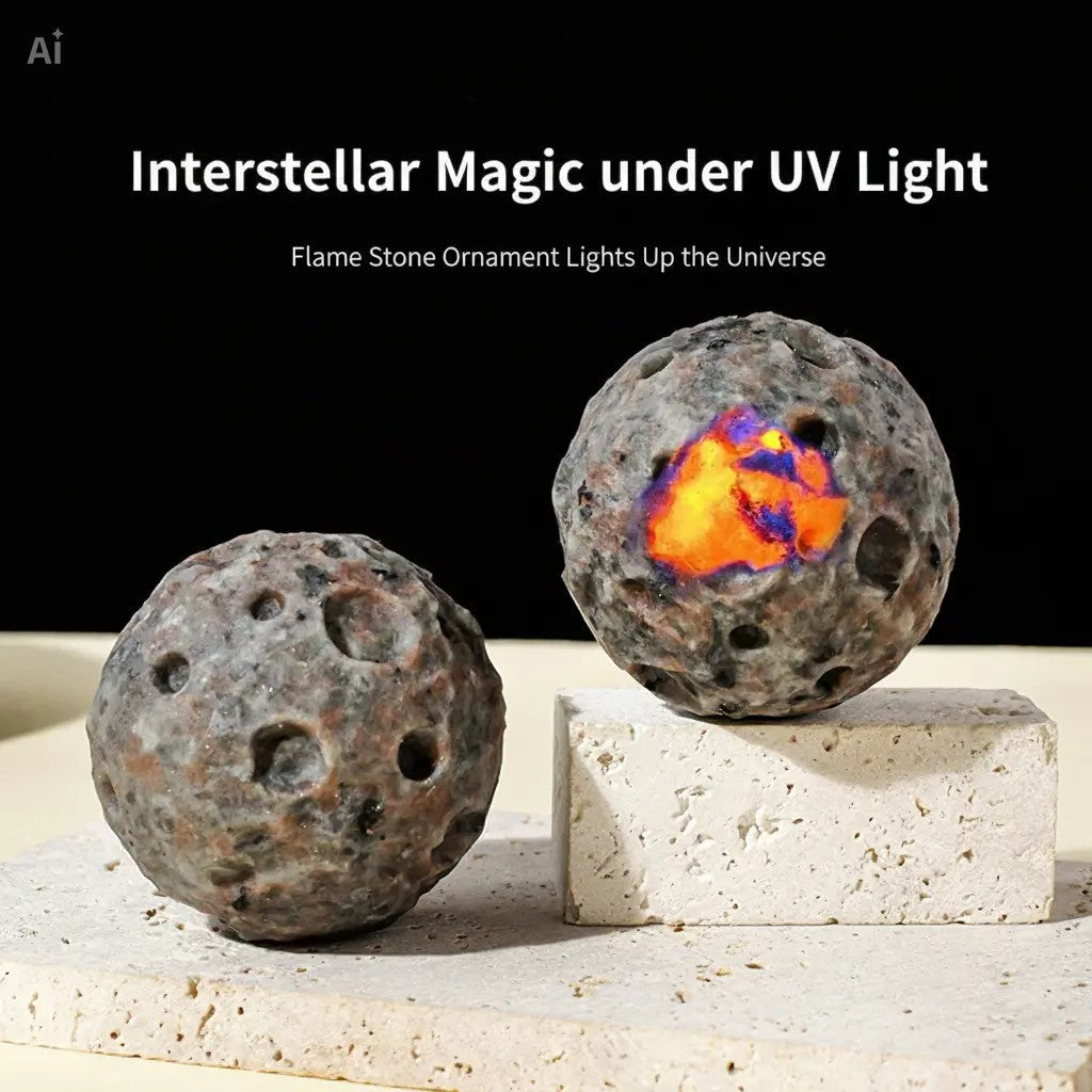 RYS Natural Flame Stone Moon Sphere Carving | UV Reactive Lunar Meteorite Crater Crystal Ball | Home Decor & Collectible Gift