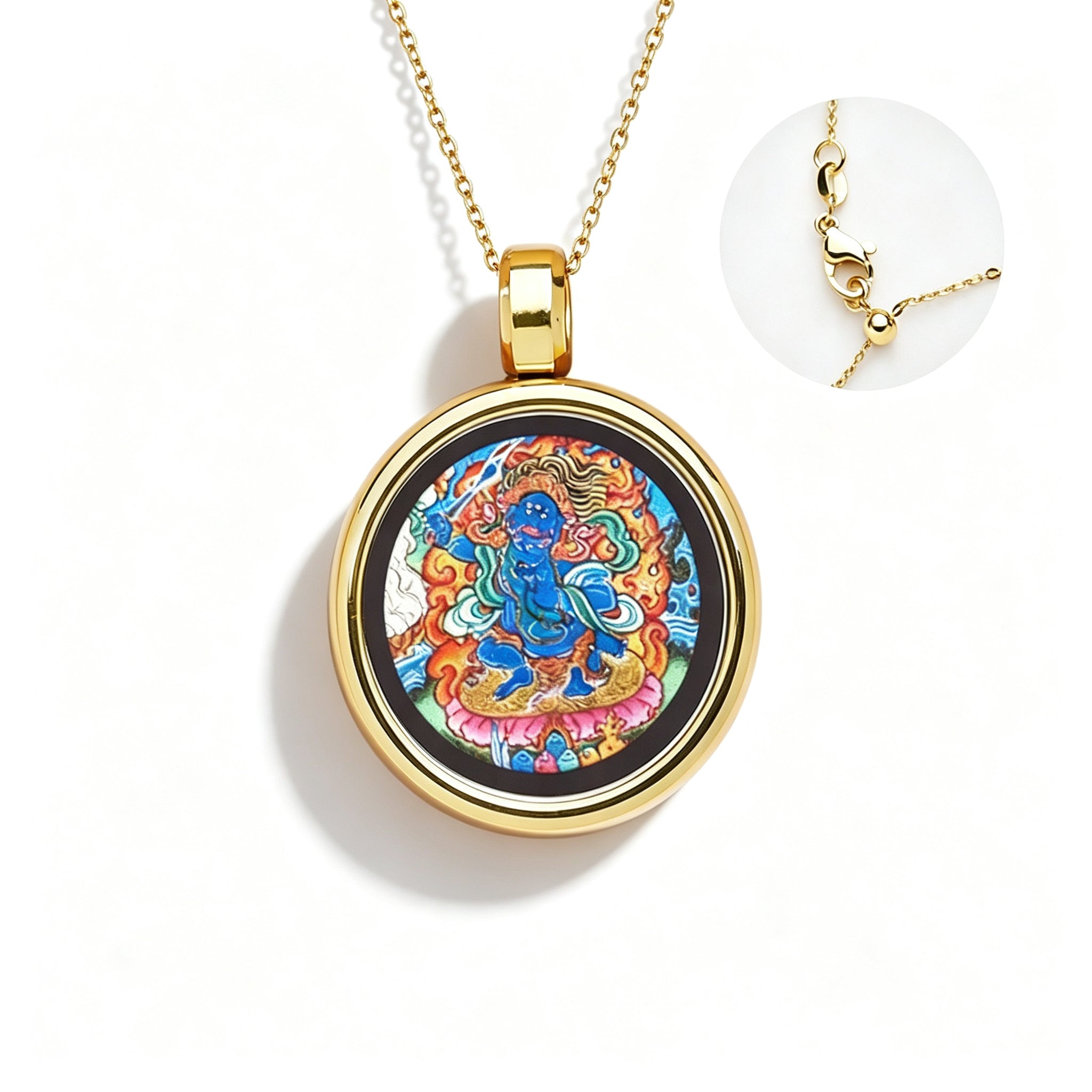 RYS Hand-Painted Thangka Buddha Pendant Necklace | 18K Gold Plated Alloy | Tibetan Patron Saint Amulet for Zodiac Signs | Spiritual Protection Jewelry