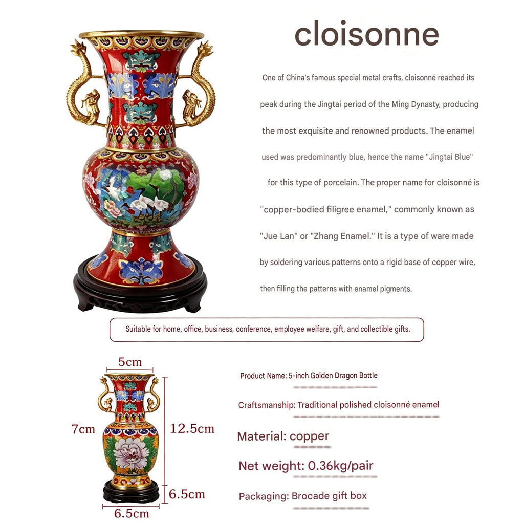 JCJ Cloisonne Vase Pair Traditional Copper Enamel Dragon Floral Decorative