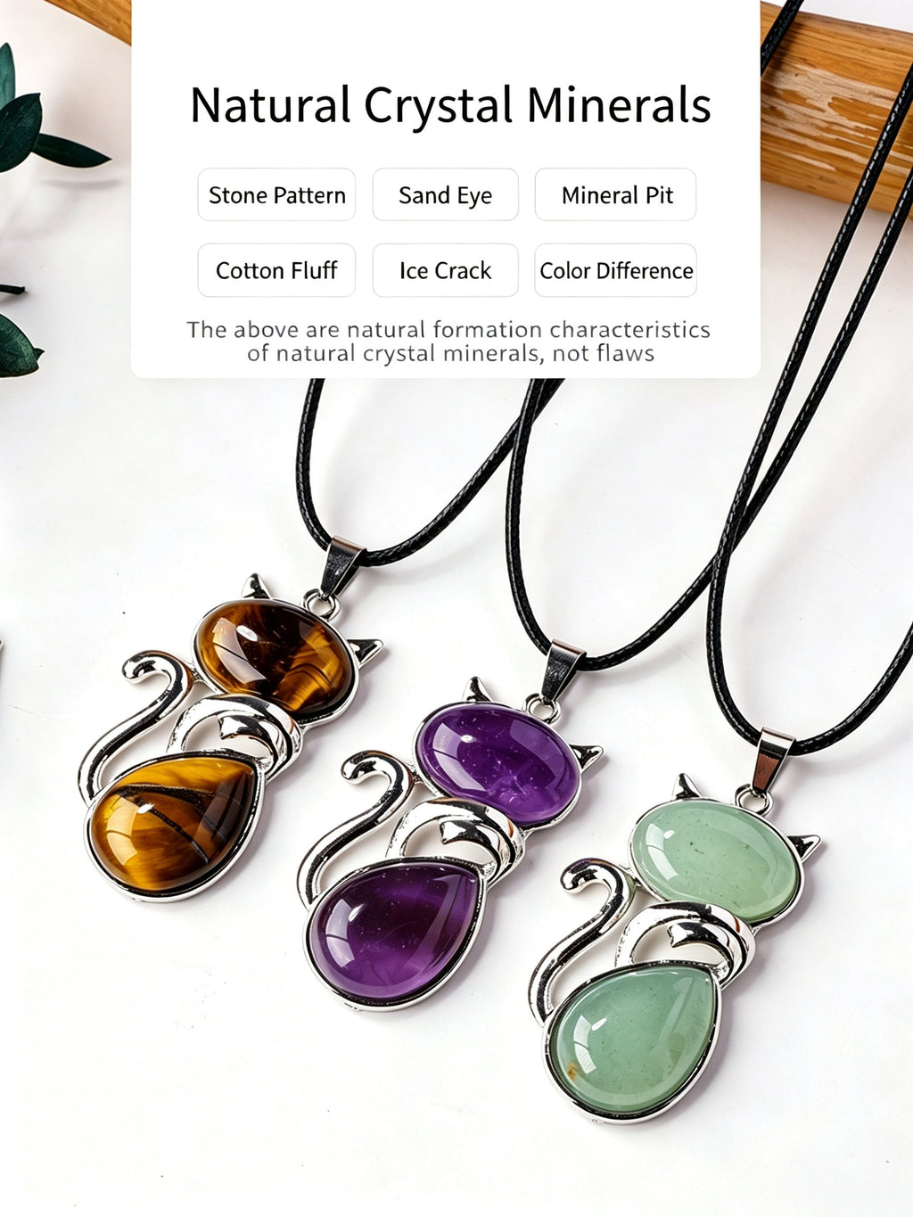 RYS Natural Crystal Gemstone Cat Pendant with Leather Cord