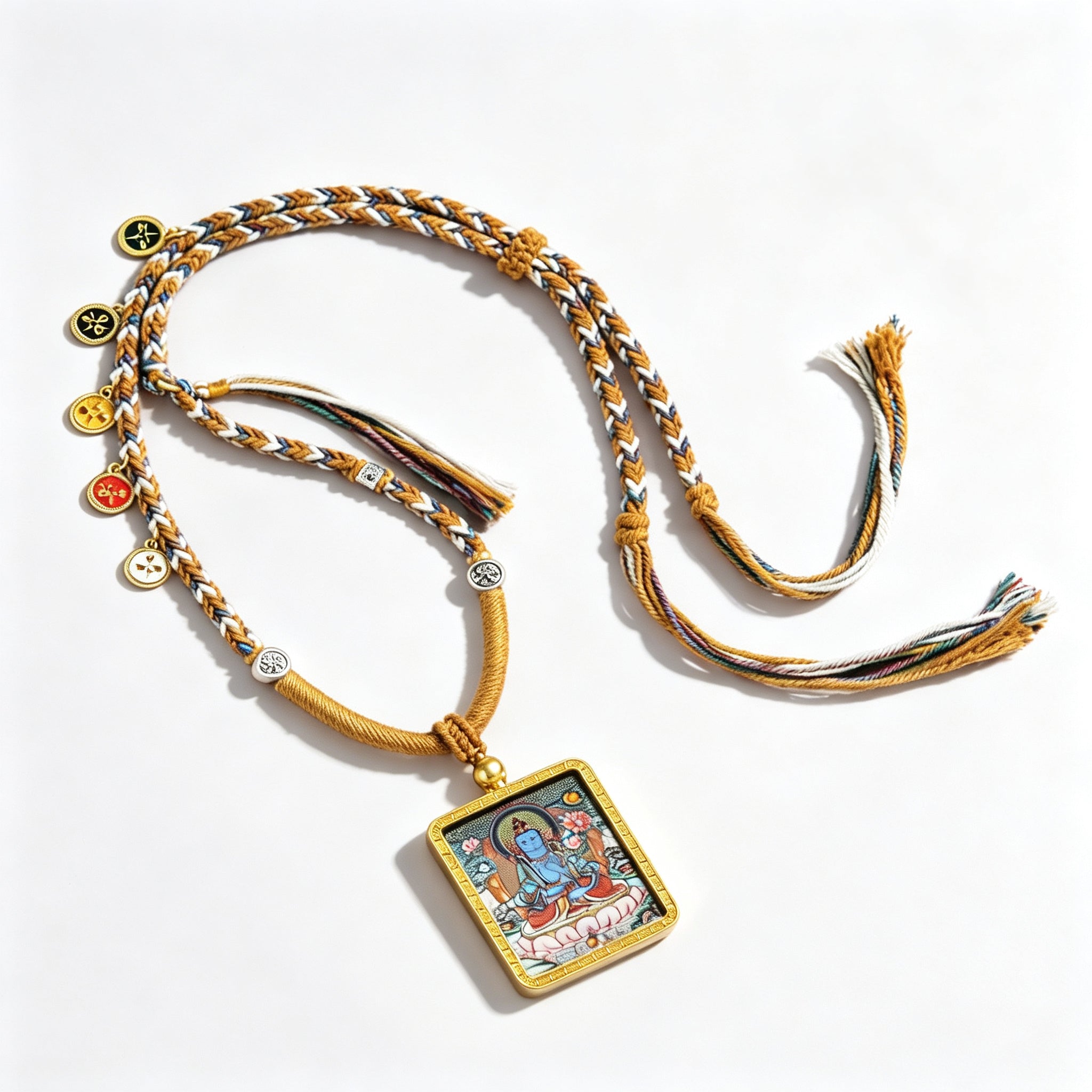 RYS Hand-Painted Thangka Buddha Pendant Necklace | 18K Gold Plated Alloy | Tibetan Patron Saint Amulet for Zodiac Signs | Spiritual Protection Jewelry