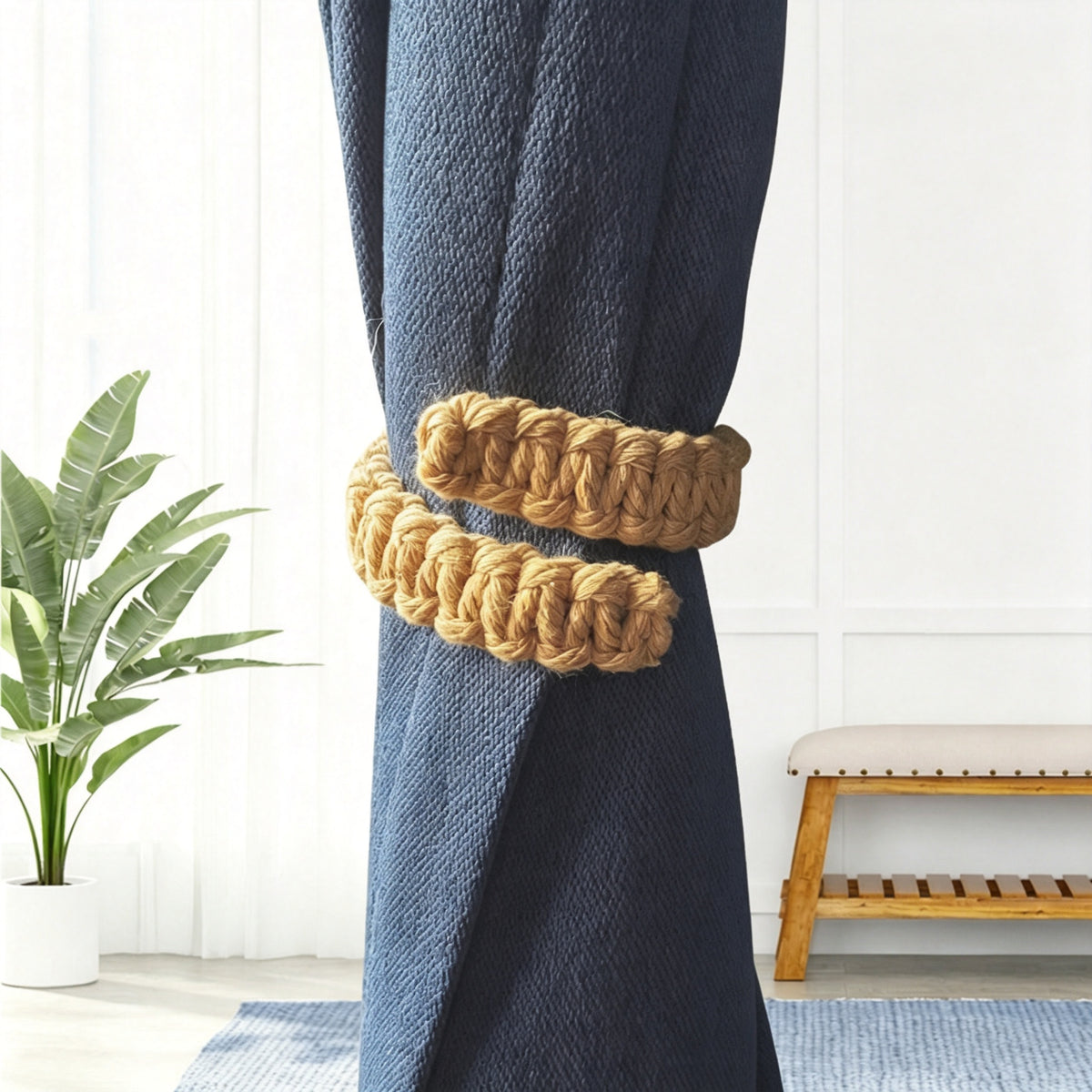 JXG Handwoven Cotton Rope Curtain Tiebacks 2 Pack Braided Curtain Holdback Rings