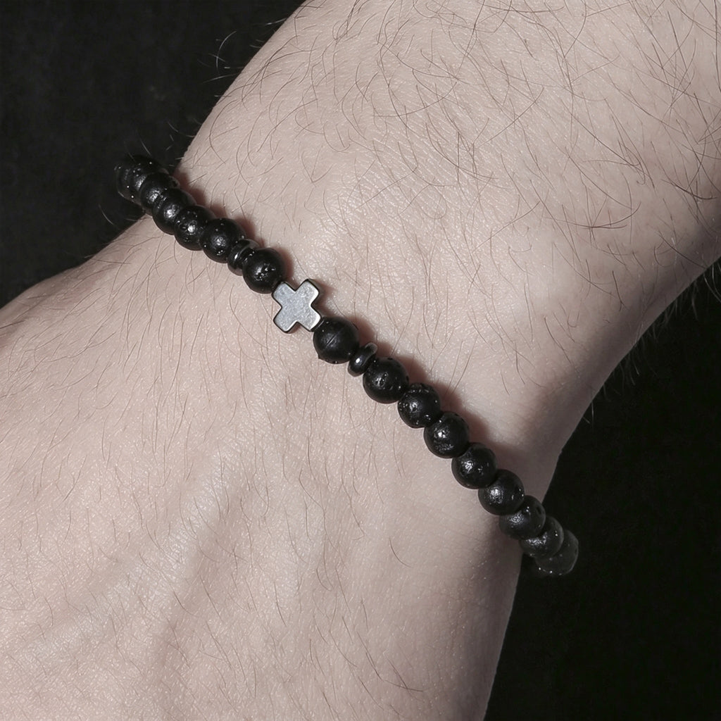 PNY Men Cross Beaded Bracelet Natural Volcanic Stone Black Obsidian Elastic Bracelet Unisex Religious Jewelry Gift