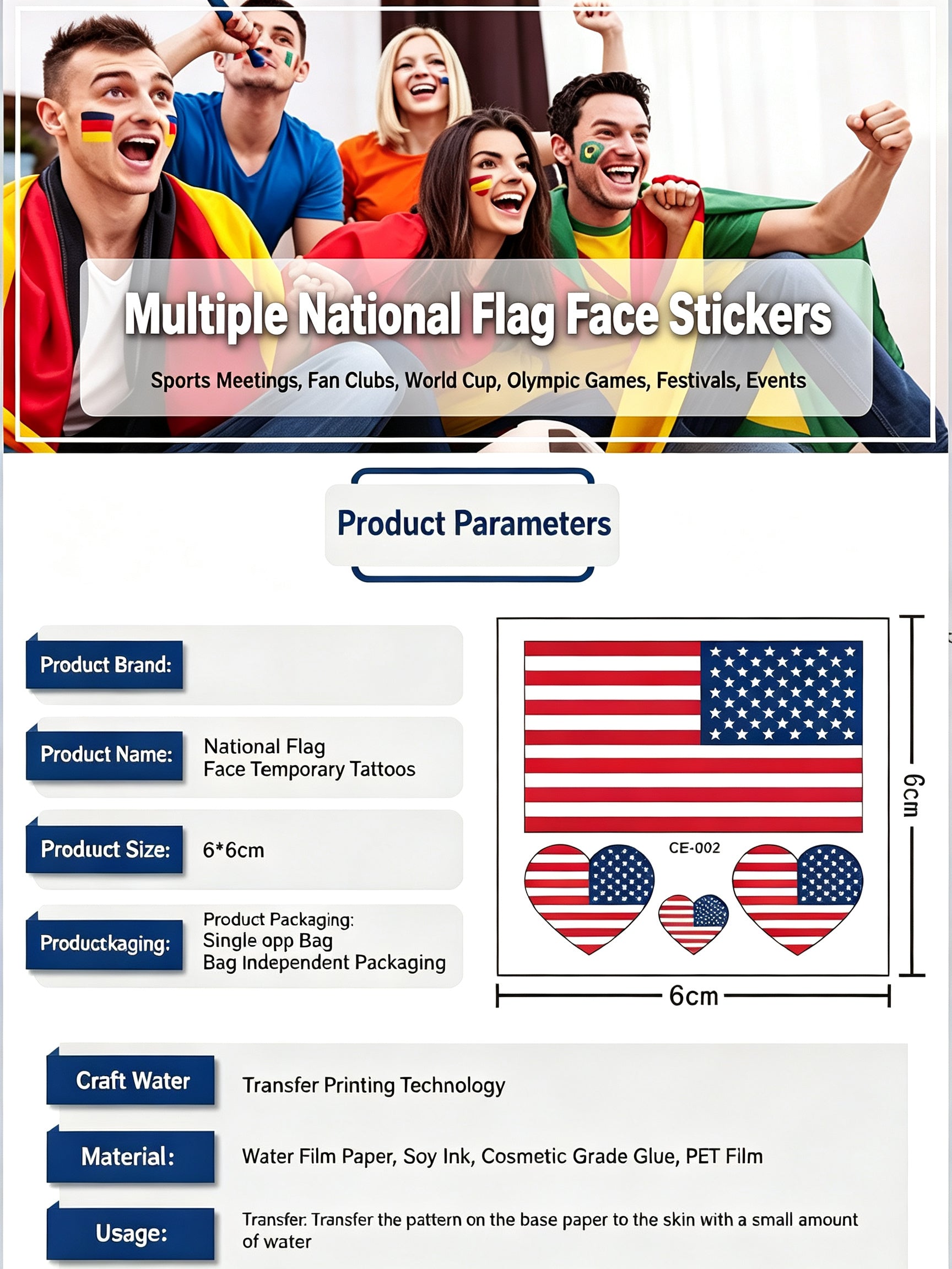 RCT Country Flag Waterproof Temporary Tattoos | Heart-Shaped Face Stickers for Sports & Fan Events