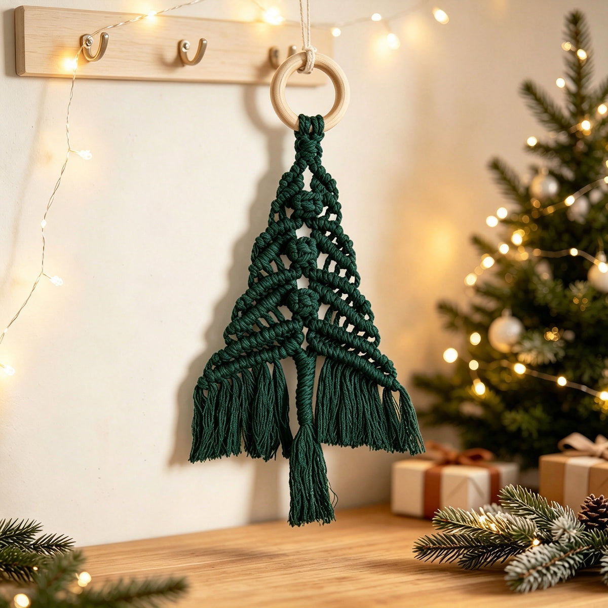 JSE Handwoven Cotton Cord Christmas Tree Wall Hanging Boho Holiday Decor