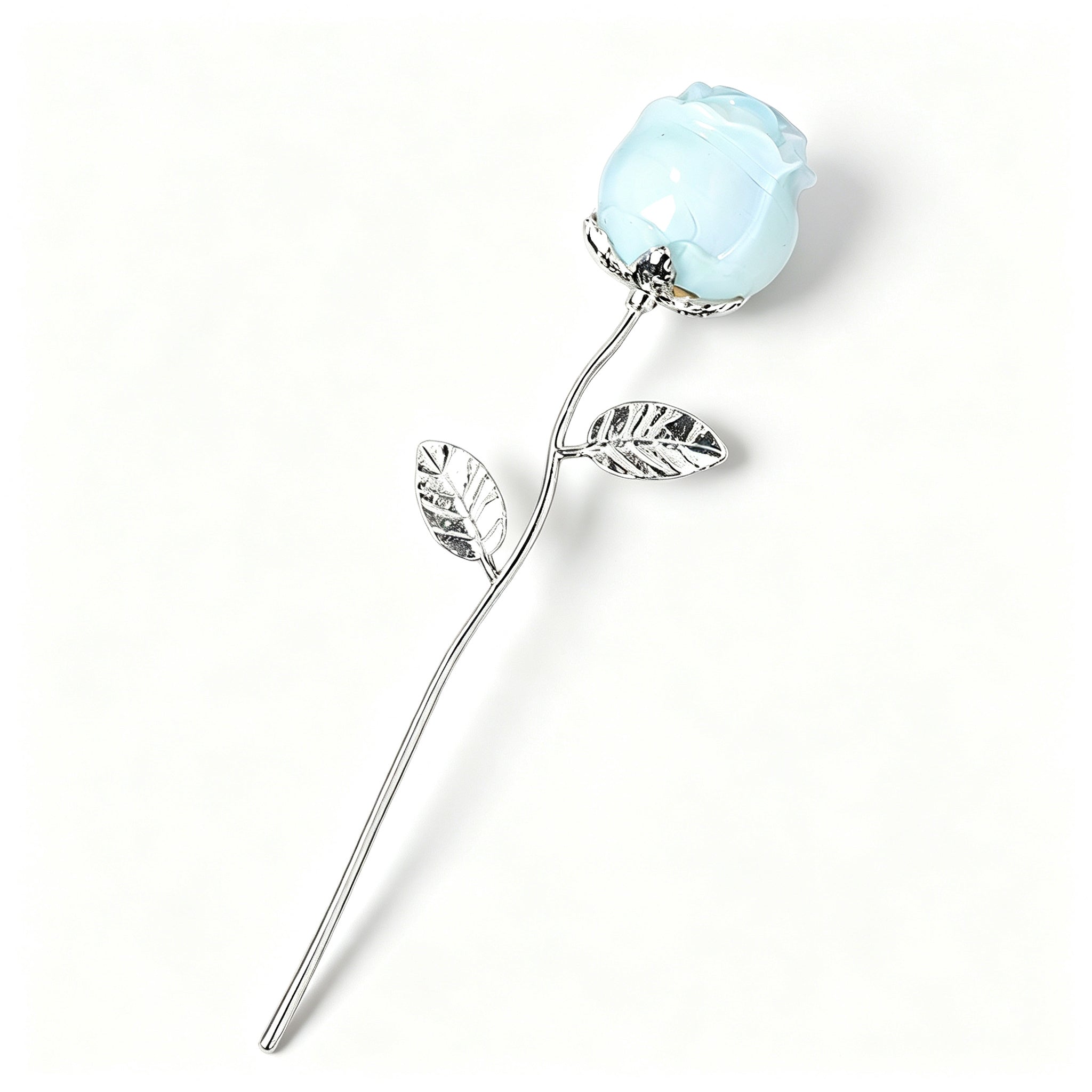 RYS Natural Crystal Rose Flower Figurine | Hand-Carved Gemstone Rose with Gold/Silver Metal Stem - Valentine's & Wedding Favor Gift