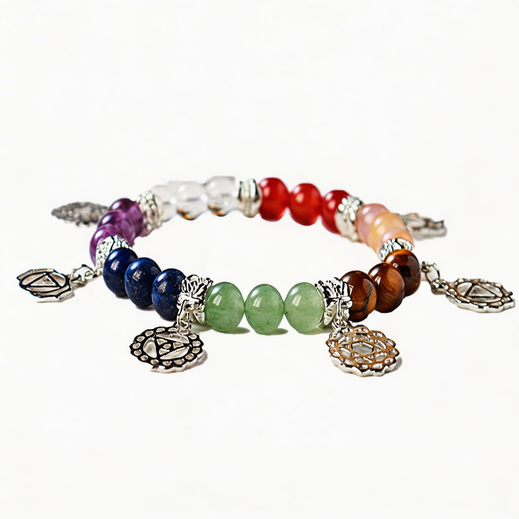 RYS Natural 7 Chakra Crystal Bracelet 8mm Silver-Plated Symbol Beaded Bracelet