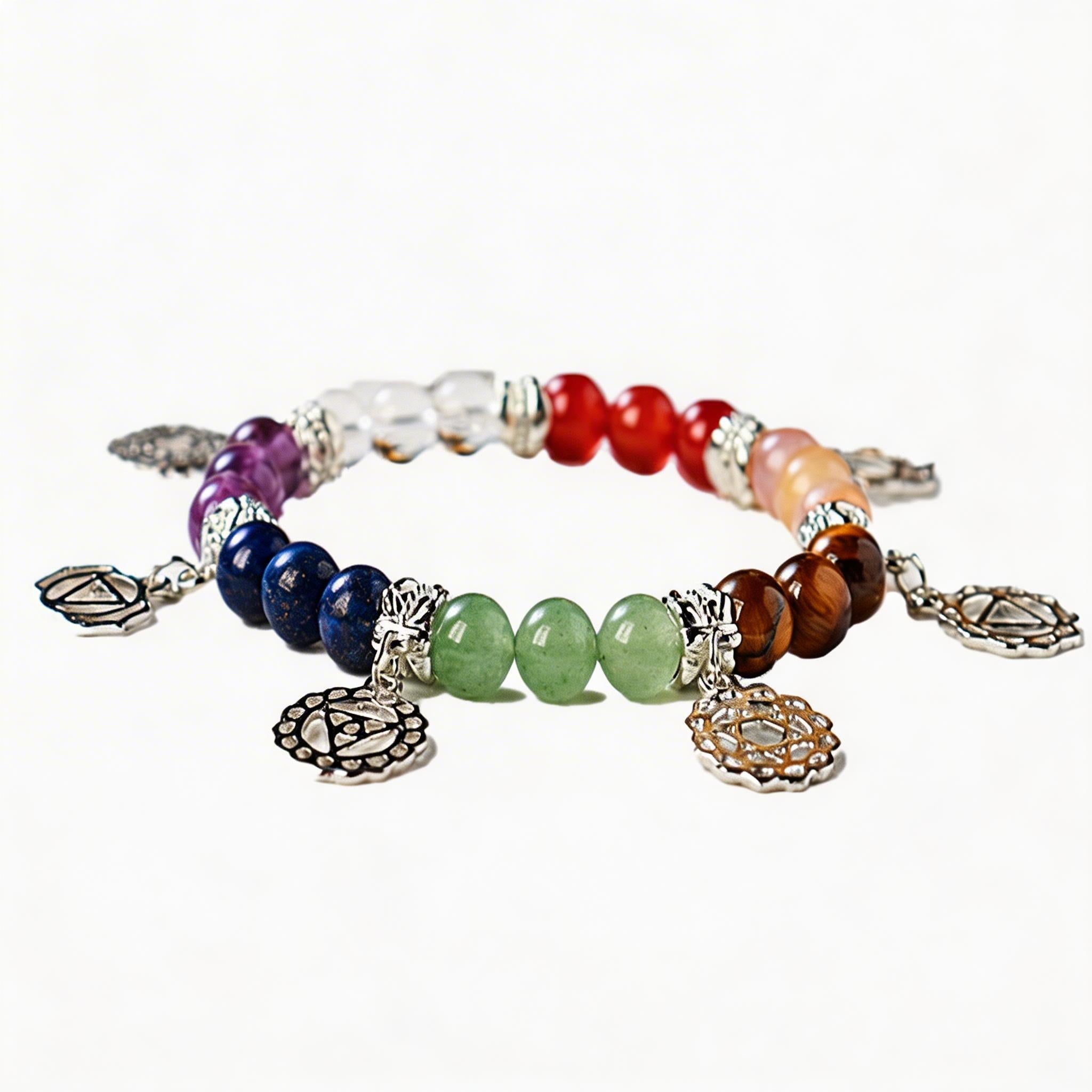 RYS Natural 7 Chakra Crystal Bracelet 8mm Silver-Plated Symbol Beaded Bracelet