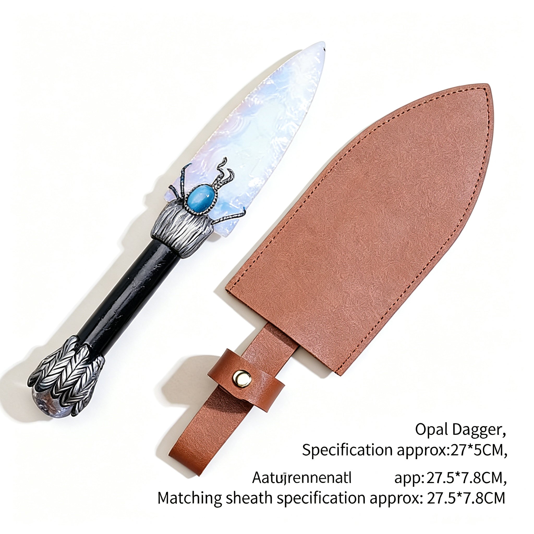 RYS Natural Obsidian Crystal Dagger with Sheath, Handmade Stone Blade & Wooden Handle, Protective Spiritual Tool