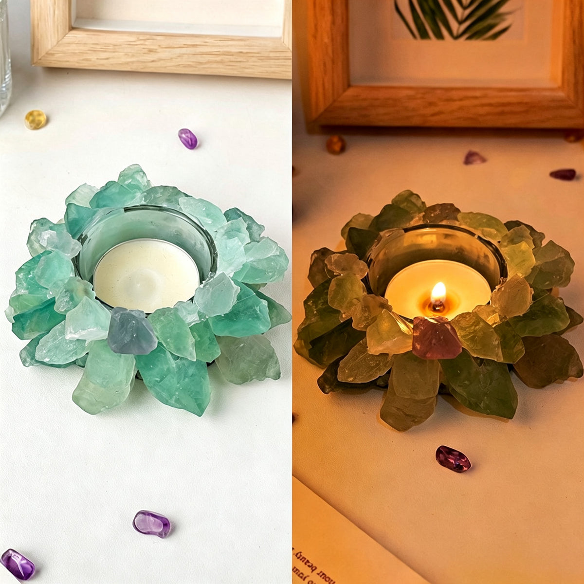 RYS Natural Raw Crystal Tealight Candle Holder, Amethyst Rose Quartz Citrine Fluorite Stone Incense Holder Base, Runyangshi Minimalist Crystal Decor Gift
