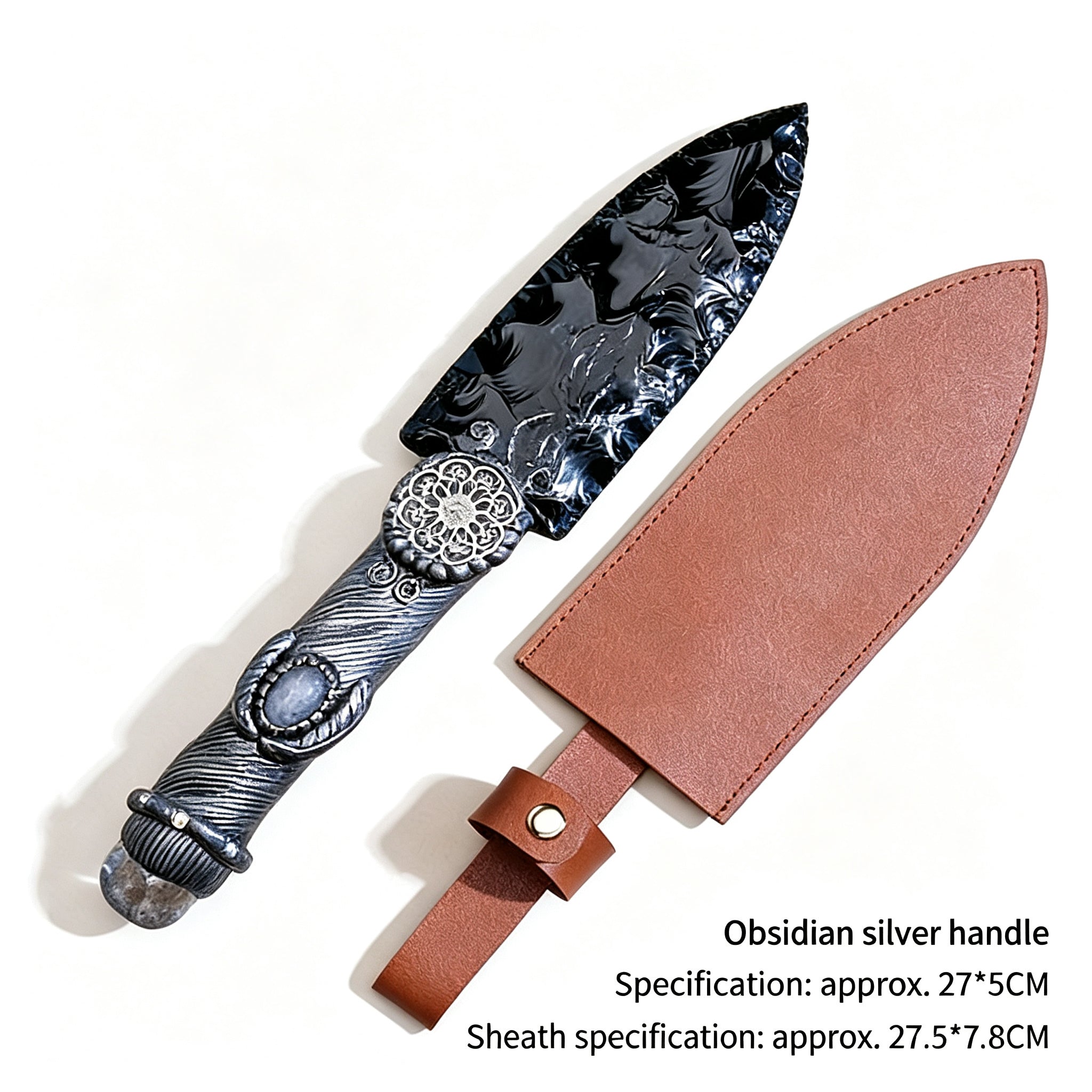 RYS Natural Obsidian Crystal Dagger with Sheath, Handmade Stone Blade & Wooden Handle, Protective Spiritual Tool