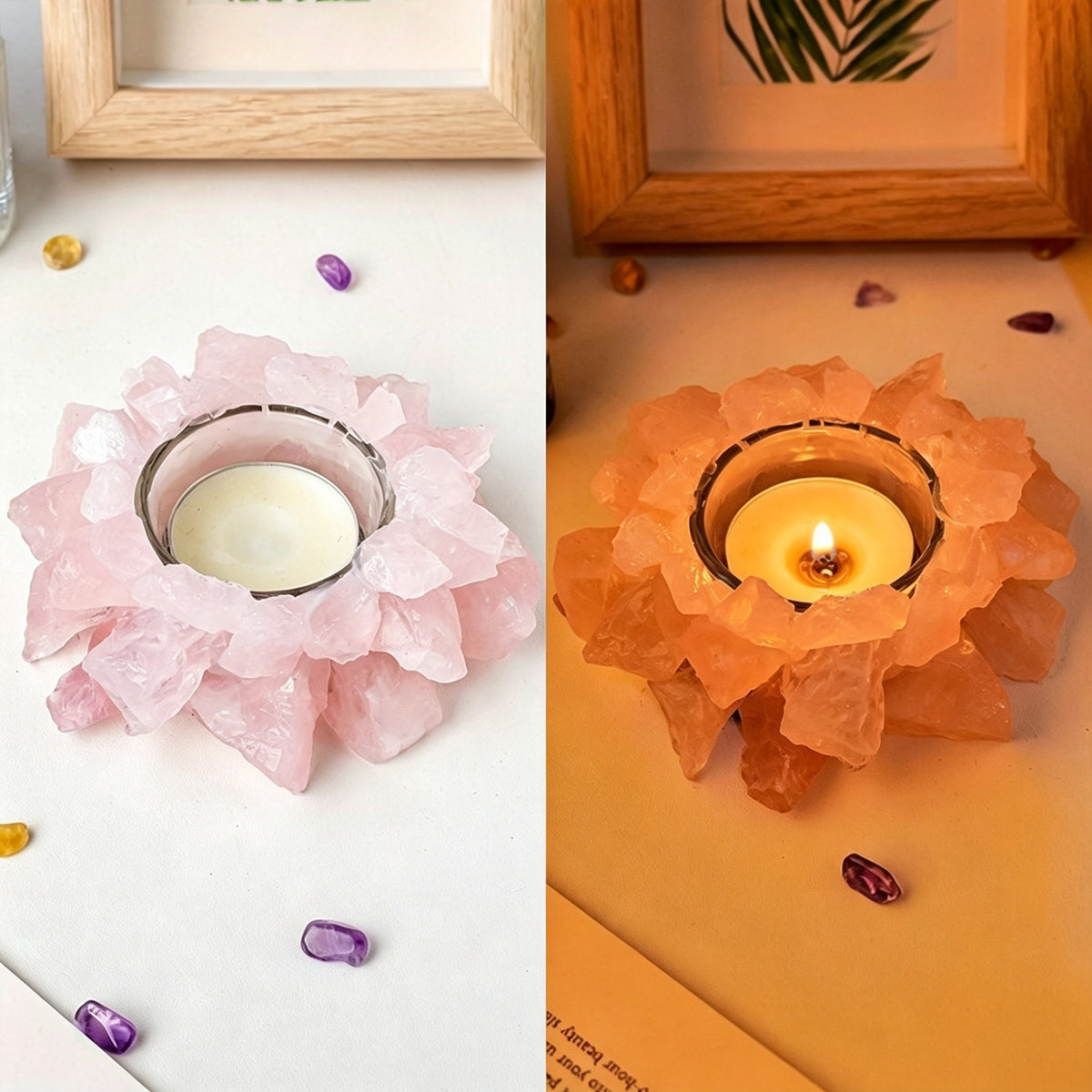 RYS Natural Raw Crystal Tealight Candle Holder, Amethyst Rose Quartz Citrine Fluorite Stone Incense Holder Base, Runyangshi Minimalist Crystal Decor Gift