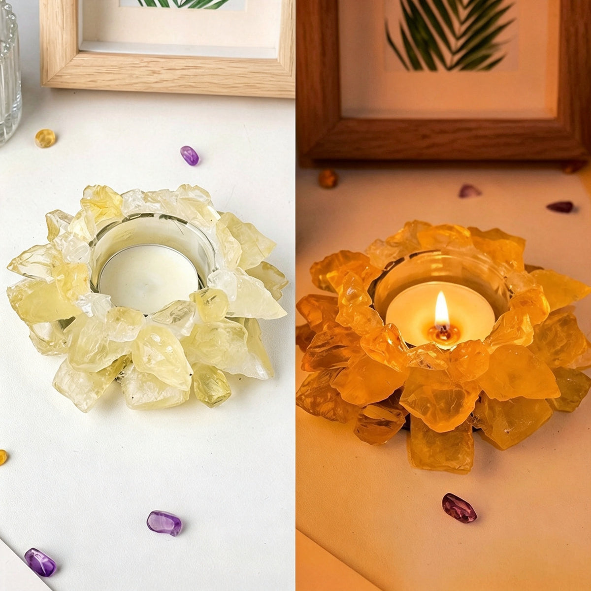 RYS Natural Raw Crystal Tealight Candle Holder, Amethyst Rose Quartz Citrine Fluorite Stone Incense Holder Base, Runyangshi Minimalist Crystal Decor Gift