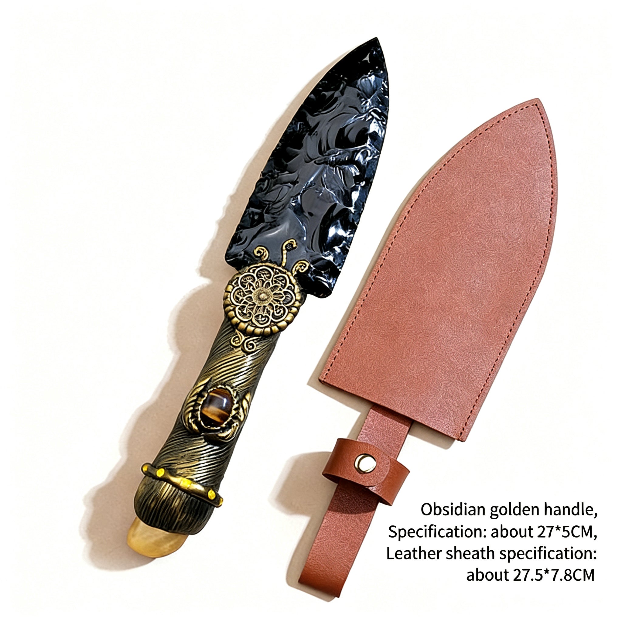 RYS Natural Obsidian Crystal Dagger with Sheath, Handmade Stone Blade & Wooden Handle, Protective Spiritual Tool