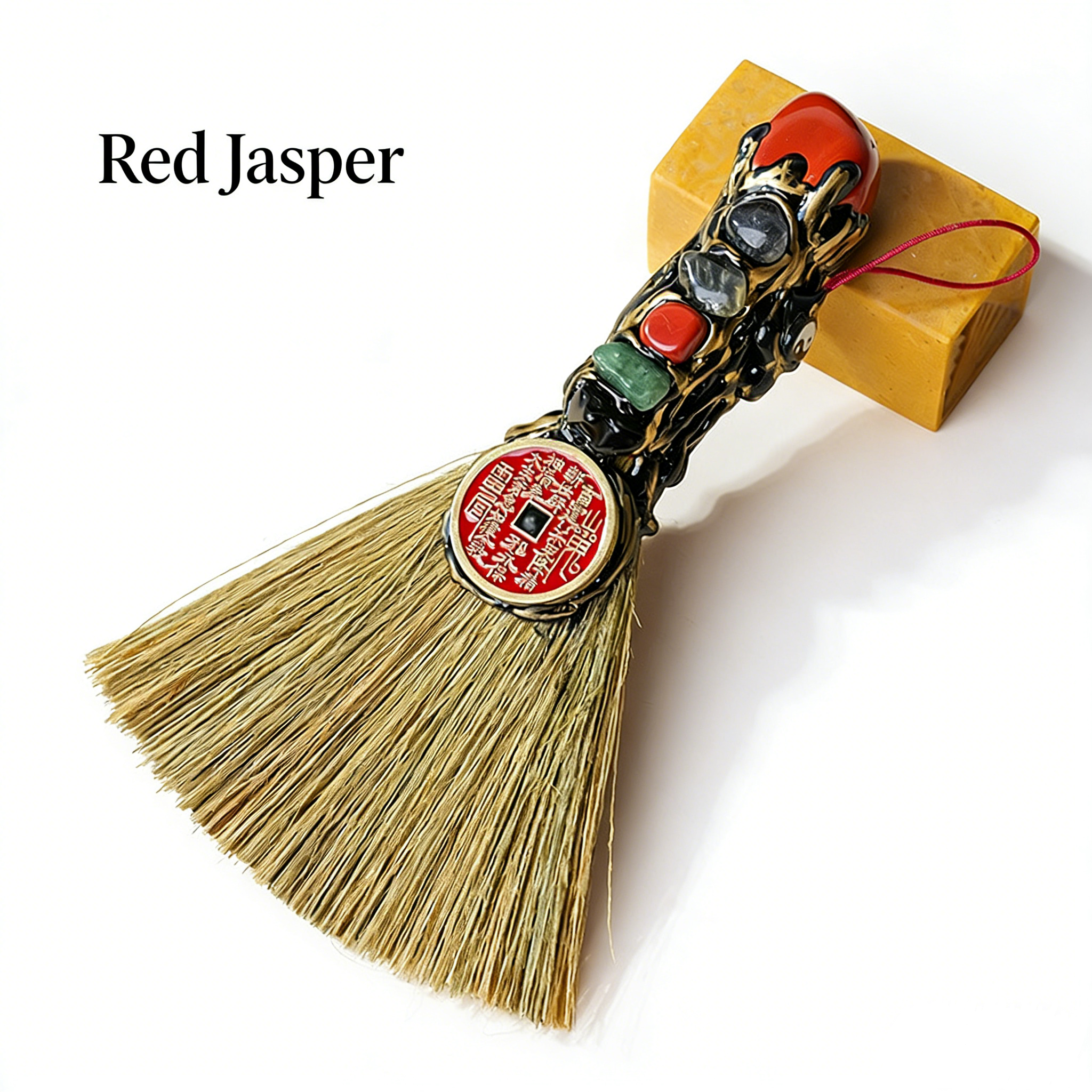 RYS Natural Crystal Shanguang Coin & Small Broom Pendant, Five Elements Stone Amulet for Entrance Door Handle