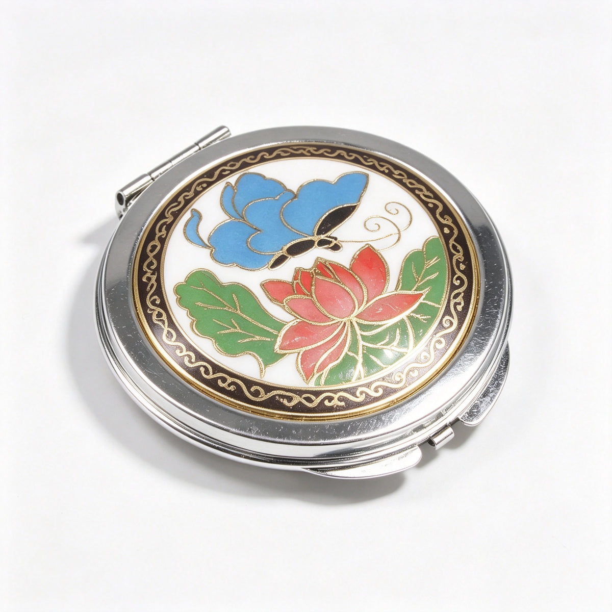 JCJ Vintage Beijing Cloisonne Compact Mirror, Antique Export‑Stock Enamel Collectible Makeup Mirror, Cultural Art Gift