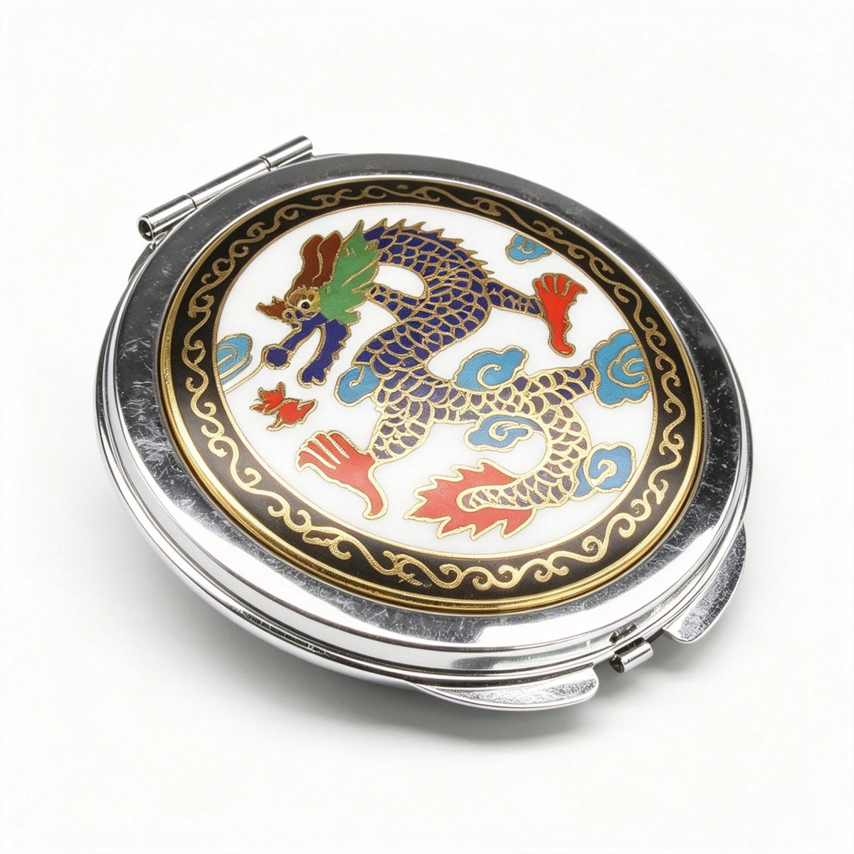 JCJ Vintage Beijing Cloisonne Compact Mirror, Antique Export‑Stock Enamel Collectible Makeup Mirror, Cultural Art Gift