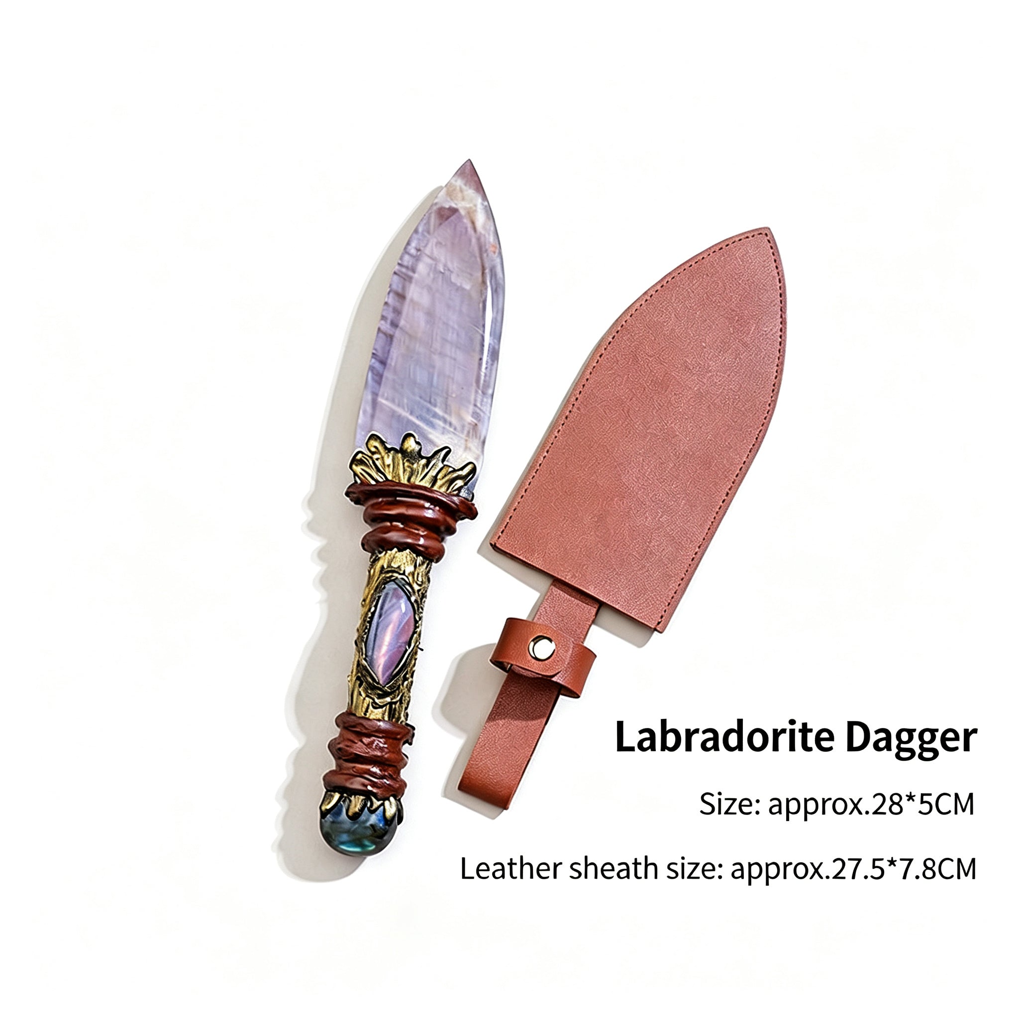 RYS Natural Obsidian Crystal Dagger with Sheath, Handmade Stone Blade & Wooden Handle, Protective Spiritual Tool