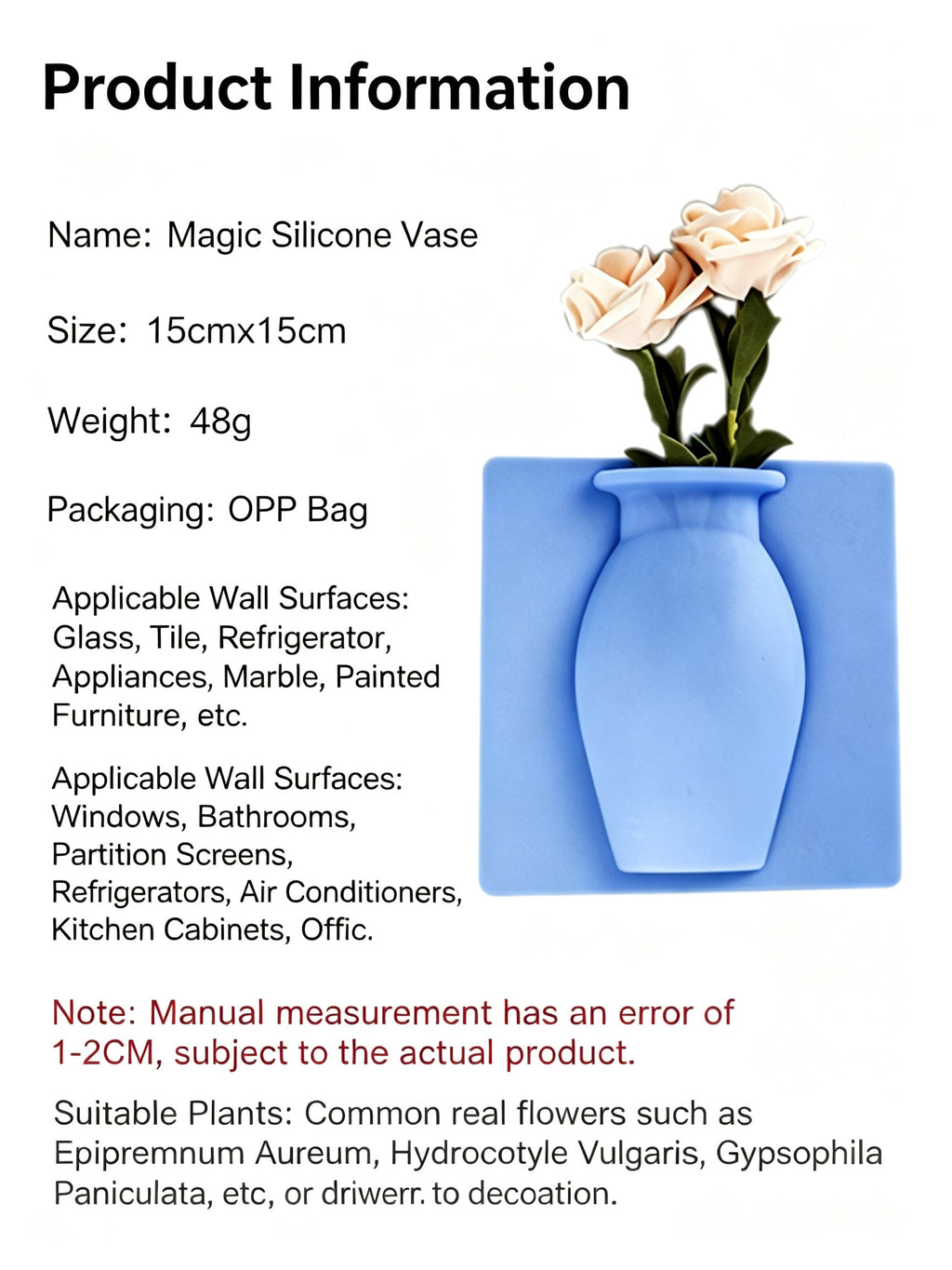 WEY Wiederverwendbare Silikon-Wandvase (2er-Pack) – ohne Bohren, wasserdicht, selbstklebender Blumentopf für Heim- und Badezimmerdekoration