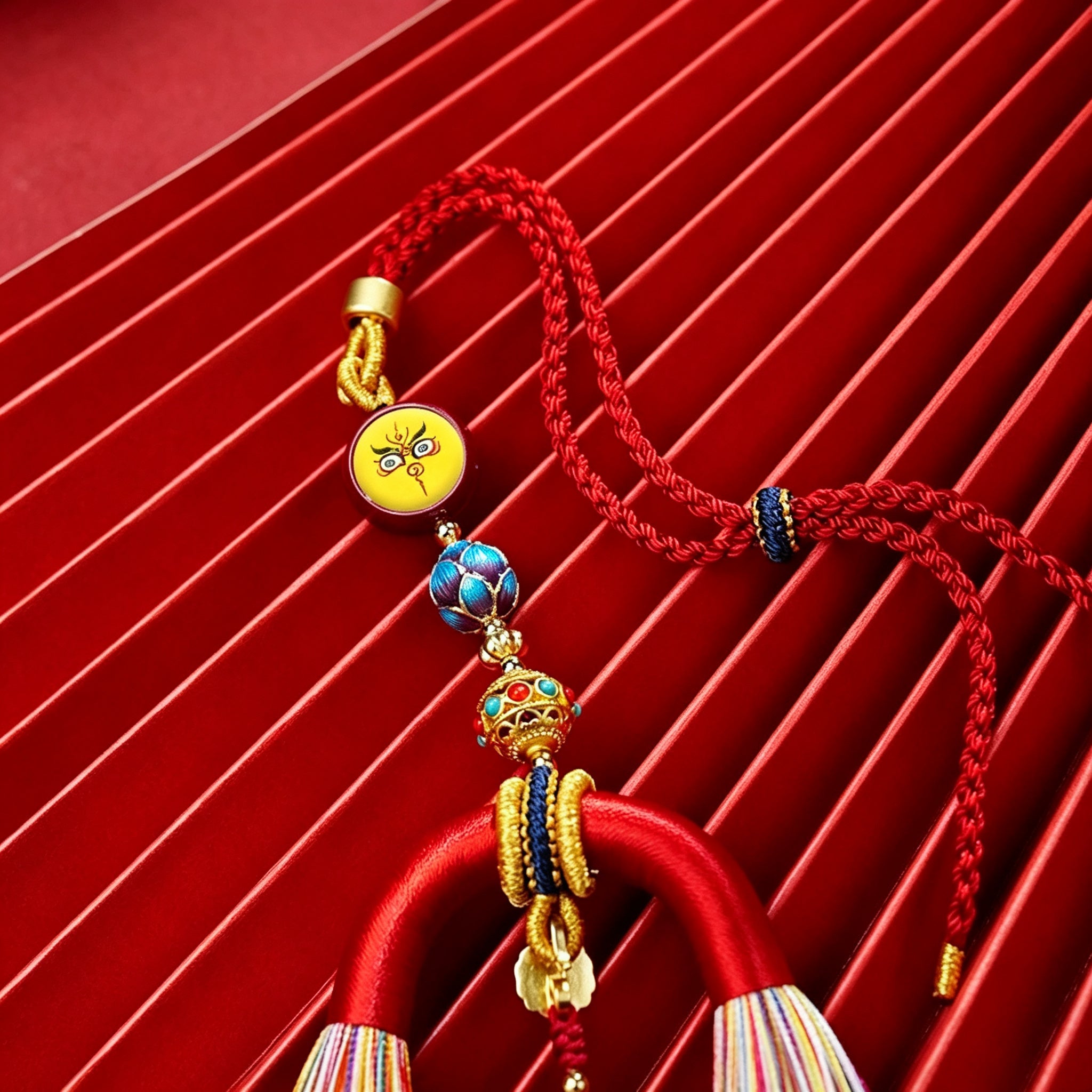 HXJ Handmade Five-Way Wealth God Thangka Car Charm | Vermilion & Hemp Cord Ethnic Pendant
