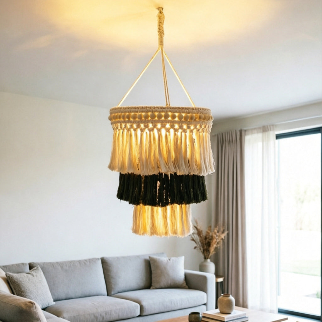 JSE Boho Hand Woven Cotton Linen Pendant Lampshade Tassel Ceiling Lamp Cover for Home Decor