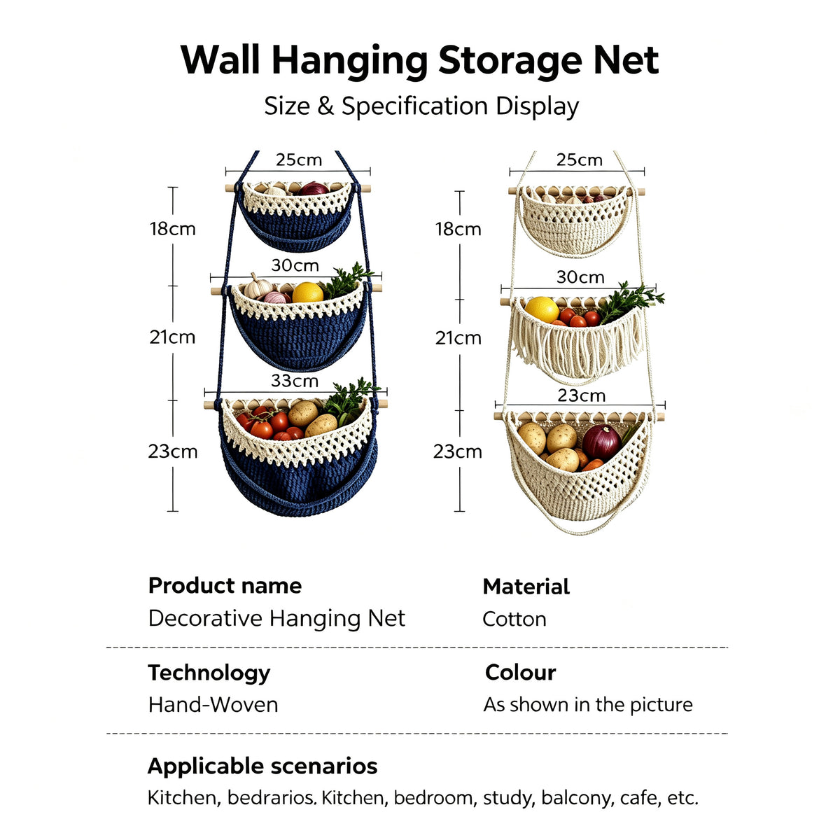 JXG Hand Woven Cotton Wall Hanging Fruit Net Bag Removable Wall Mount Vegetable Storage Basket For Kitchen Home Decor