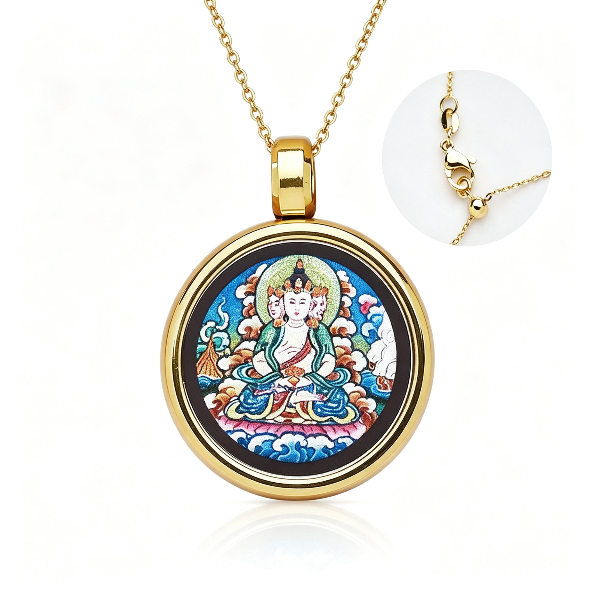 RYS Hand-Painted Thangka Buddha Pendant Necklace | 18K Gold Plated Alloy | Tibetan Patron Saint Amulet for Zodiac Signs | Spiritual Protection Jewelry