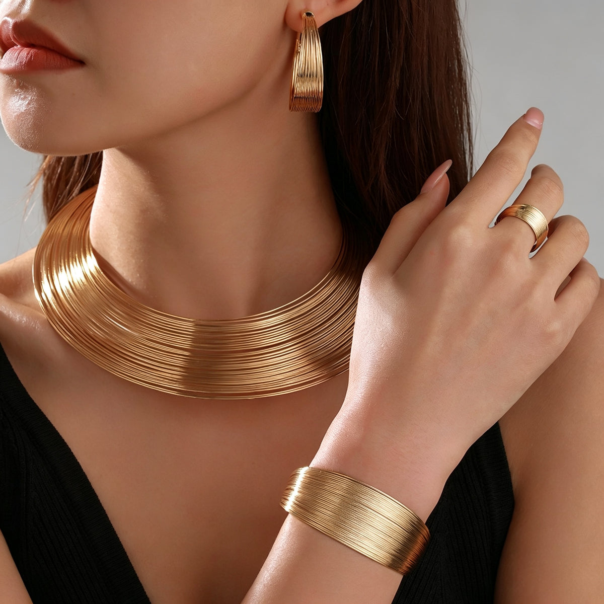 PNY Multi Layer Geometric Metal Jewelry Set Open Torque Choker Necklace Bracelet Hoop Earrings Statement Party Jewelry