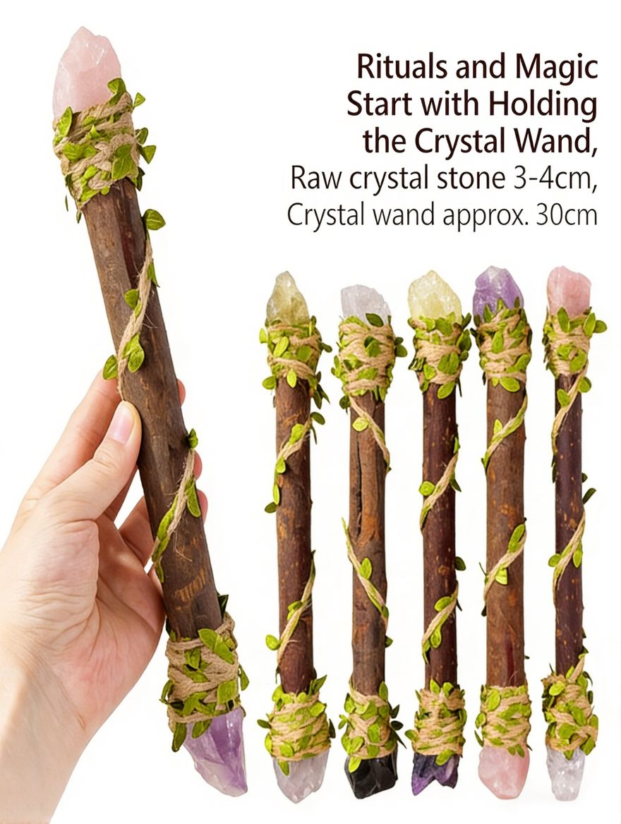 RYS Natural Crystal Wizard Wand, Handmade Wooden Crystal Scepter for Witchcraft, Healing & Home Decor - Perfect Spiritual Gift