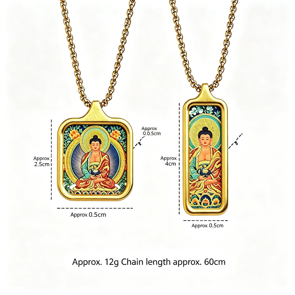 RYS Hand-Painted Thangka Buddha Pendant Necklace | 18K Gold Plated Alloy | Tibetan Patron Saint Amulet for Zodiac Signs | Spiritual Protection Jewelry