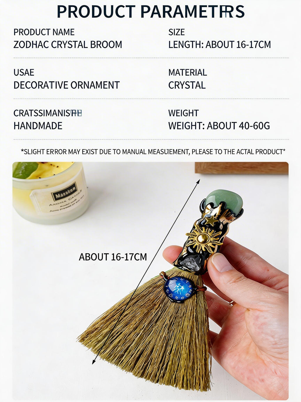 RYS Handmade Witch Broom with Natural Crystal | Zodiac Sign Altar Decor | Aries Amazonite Mini Broom for Wiccan & Pagan Gifts
