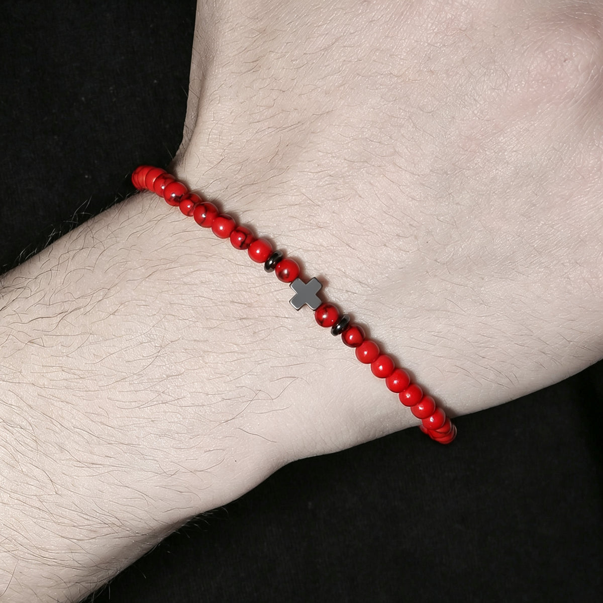 PNY Men Cross Beaded Bracelet Natural Volcanic Stone Black Obsidian Elastic Bracelet Unisex Religious Jewelry Gift