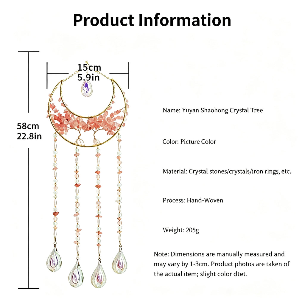 MGY Moon Tree of Life Suncatcher Wind Chime, Pink Natural Crystal Stone Wall Hanging Ornament for Home Bedroom Decor