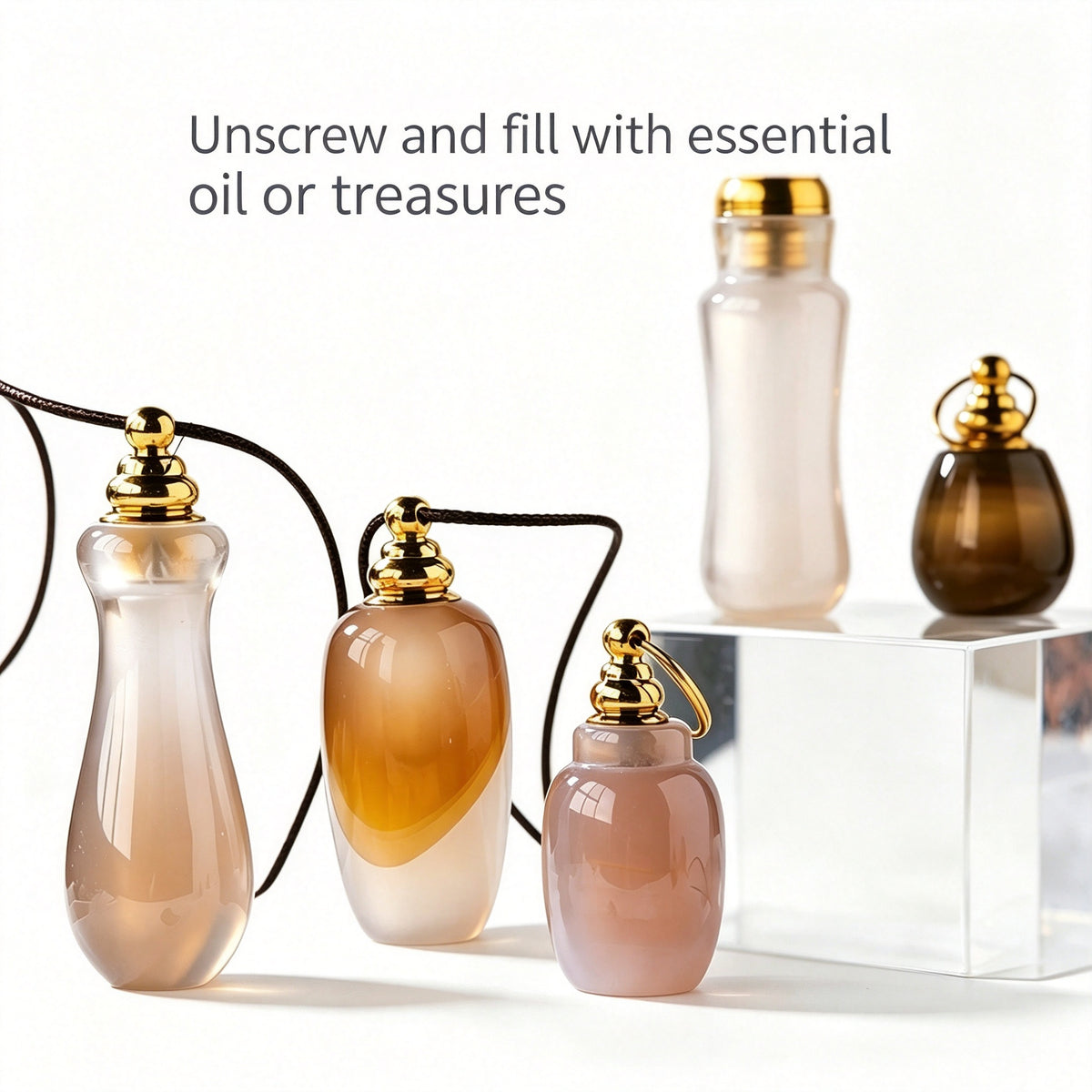 RYS Natural Agate Crystal Essential Oil Bottle, Hand Polished Raw Stone Aroma Perfume Vial Pendant, No Cord